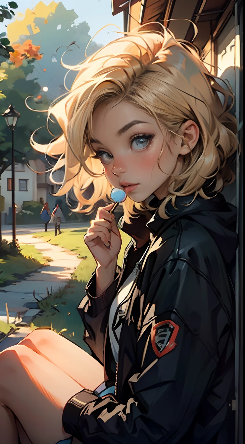 4K, high resolution, Best quality, Masterpiece, perfect warm colors, perfectly shaded, Perfect lighting, posted on e621, (by Jim Lee), masterpiece, digital paint, (close up, Cute girl, 20 years old, blond short hair ), sucking a lollipop, sitting in the grass in a hide park in London. 1990s \(style\),