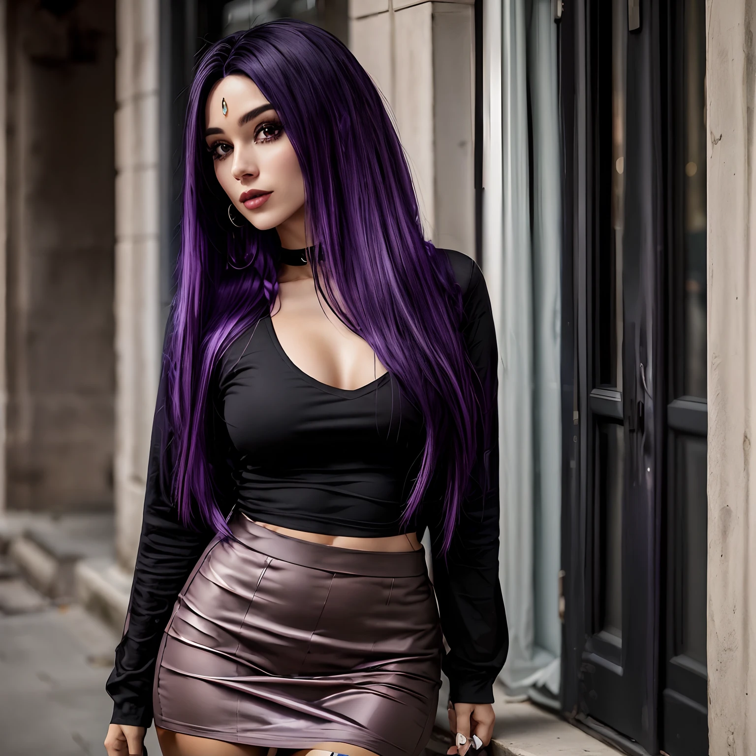 mulher argada com cabelo roxo e top preto posando para uma foto, cabelo longo violeta, tons roxos escuros, dark purple hair and cybernetics, cabelo roxo escuro, violeta e preto, cabelo longo roxo, cabelos pretos e roxos, cabelo roxo longo, longos cabelos roxos escuros, cabelos violetas longos, black and purple, roupas roxas escuras, roxo e preto