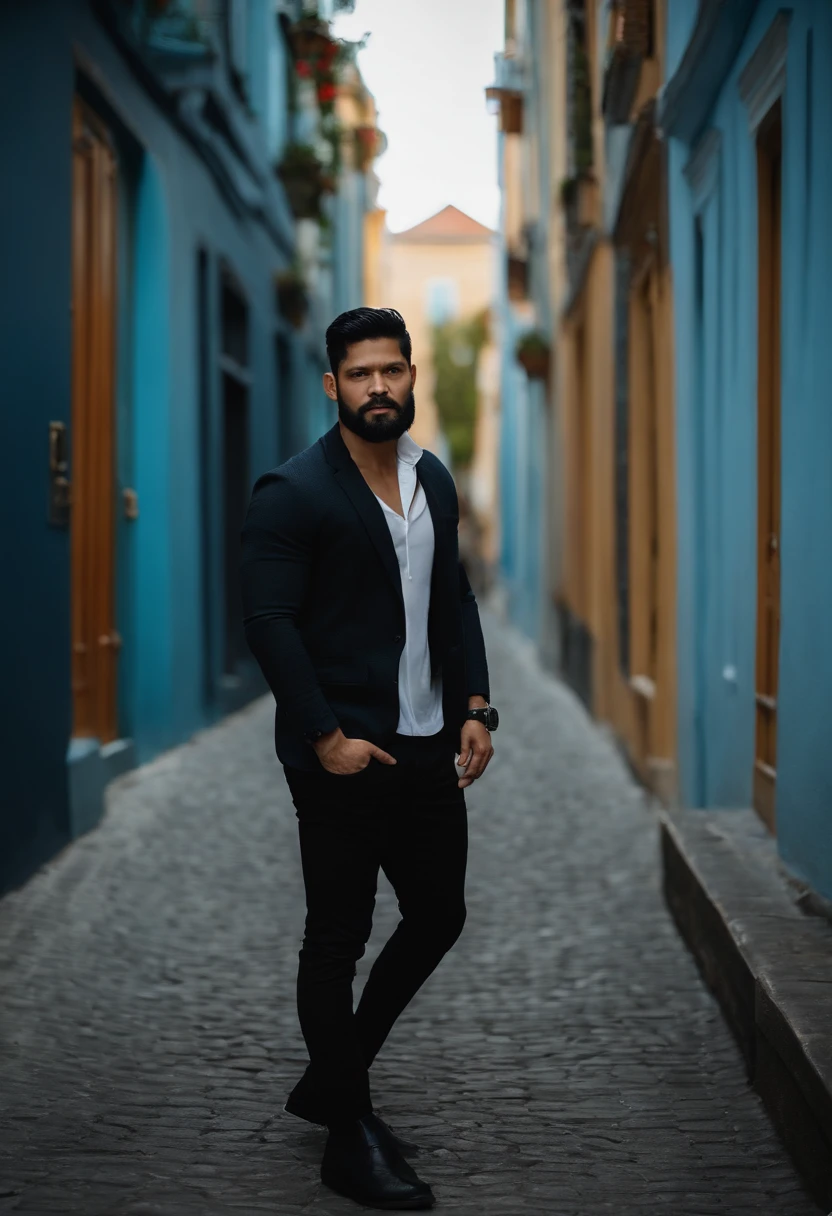 (Man with stylish outfit), ), (wearing long full beard,) (black eyes) (Portrait) Attractive and serious look, black hair, Stylish and elegant, and strong body t-shirt, man similar to actor iko uwais, (High quality and realistic image), in the background Scandinavian apartment with designer furniture and with blue wall color in the background, ((best quality, 8K, masterpiece).