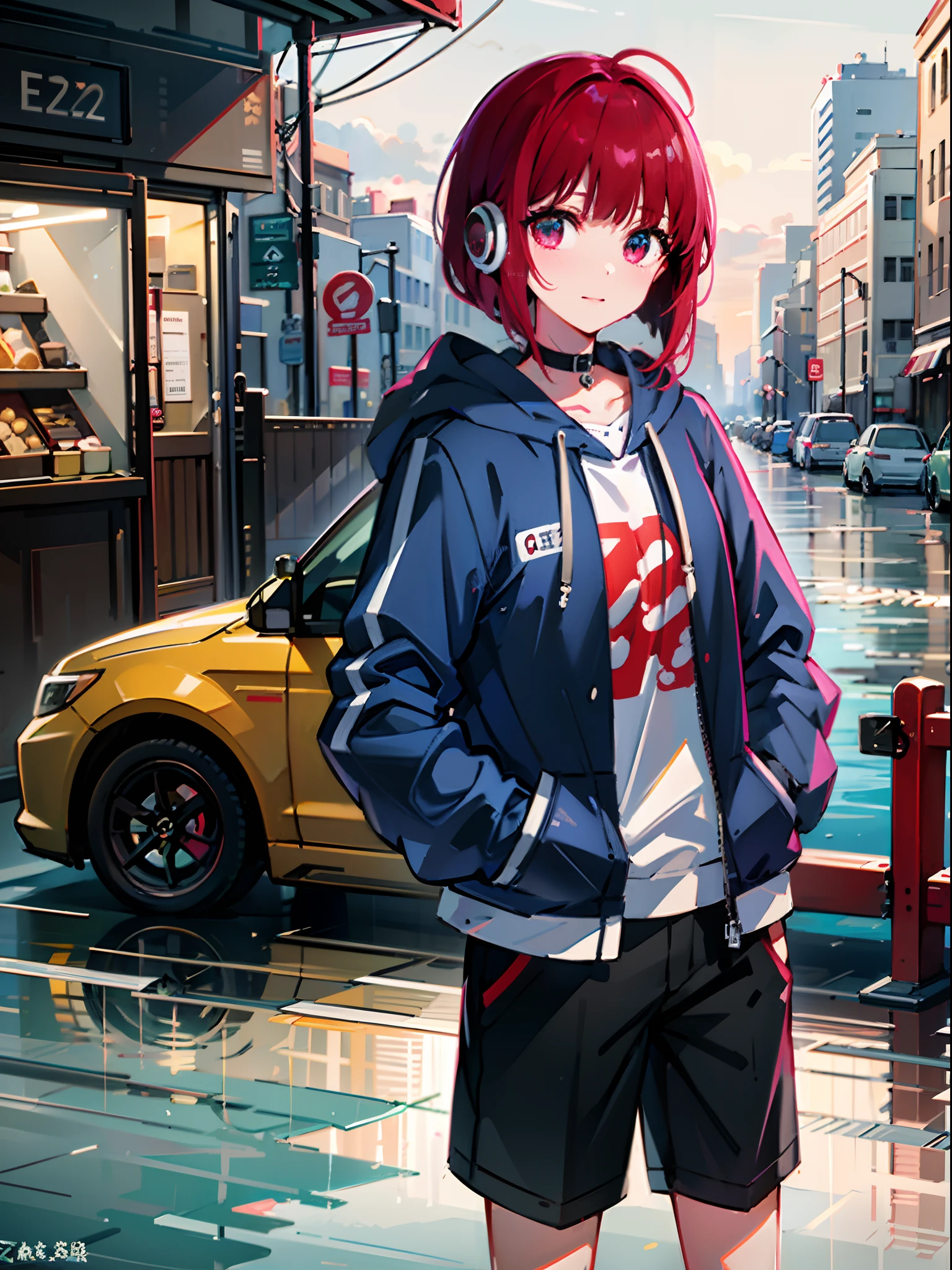 8K分辨率、((top-quality))、((masterpiece))、((ultra-detailliert))、1 woman、独奏、incredibly absurdness、Oversized hoodies、headphones、Street、plein air、Rain at night、neons、Shortcut Hair、Brightly colored eyes、Hands in pockets、shortpants、water dripping