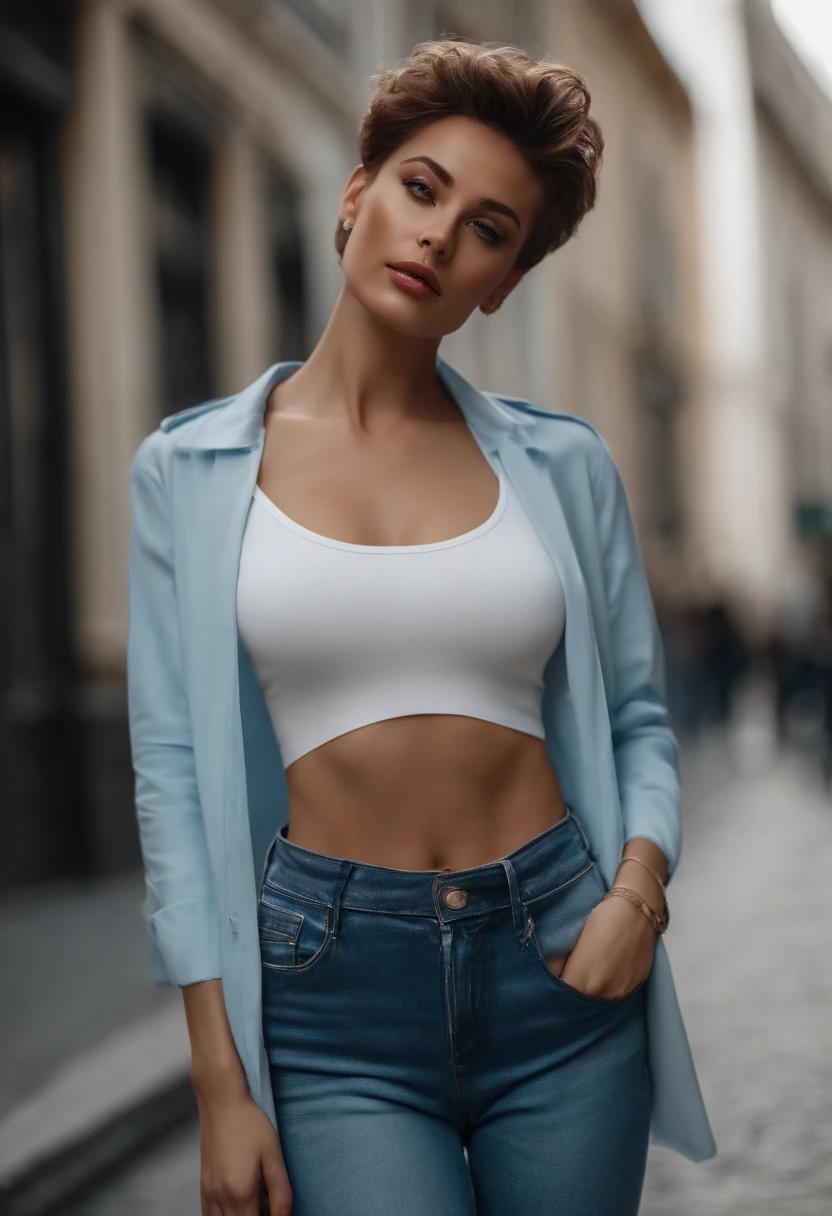 high-definition picture quality，realisticlying，bust，A beautiful model with short hair，（（（Wearing sky blue jeans））），（（（whitet-shirt））），Have on the street，Pop style，Simple Nordic style，