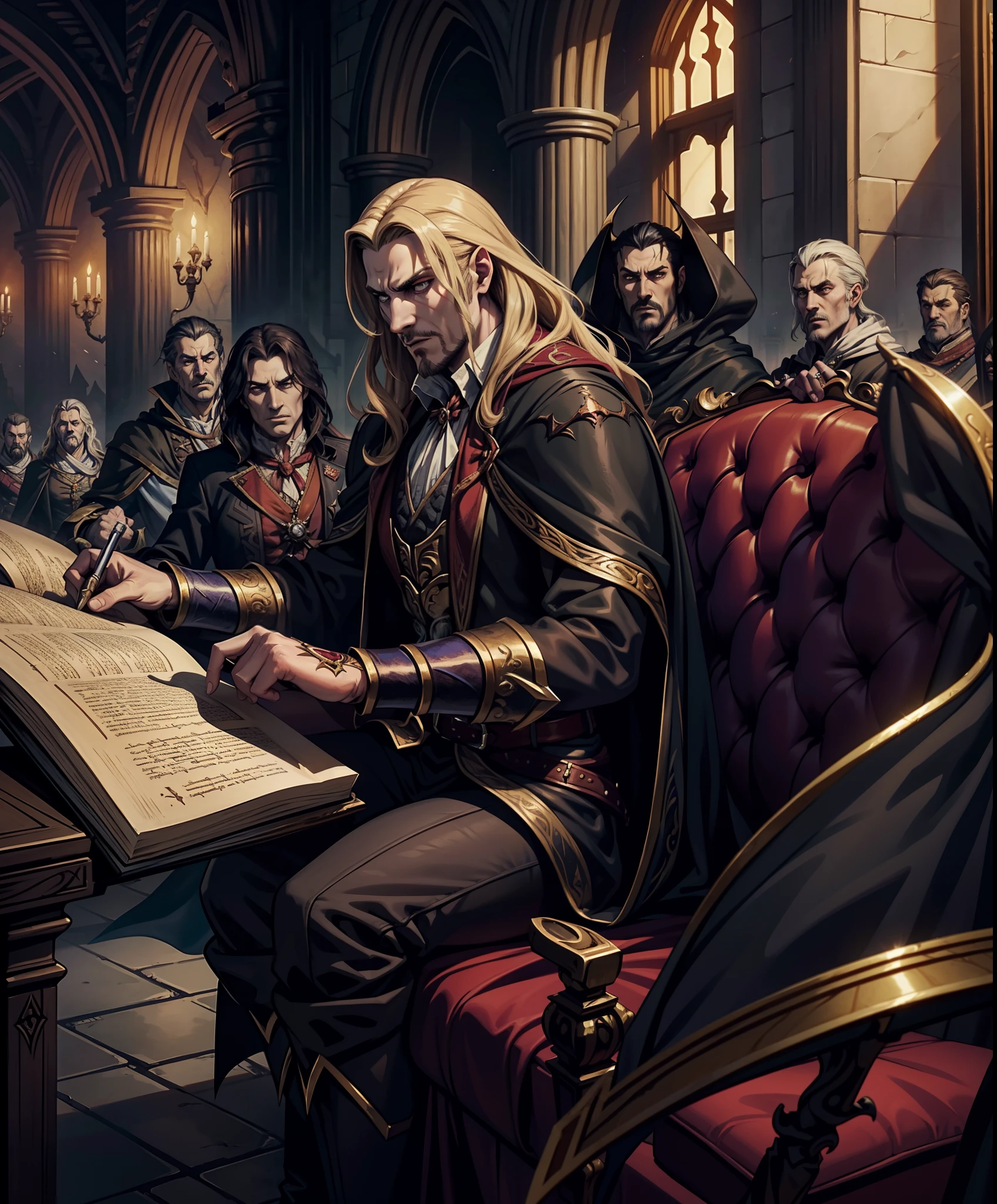 Castlevania Lord of the shadows hyper realistic super detailed Dynamic shot master piece of lord Dracula discussing ancient Scrolls with demons scholars hyper realistic super scènes