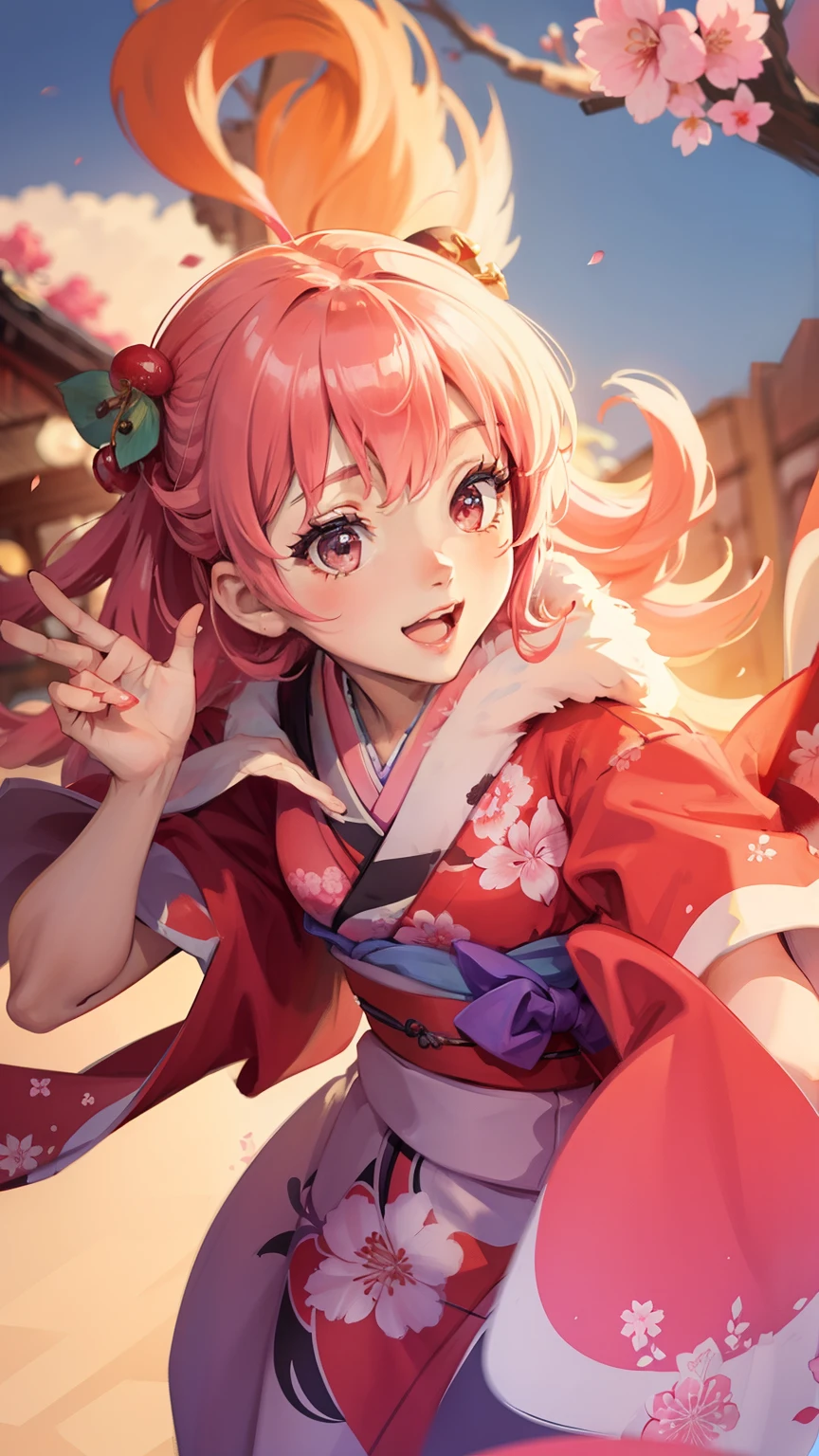 wearing a kimono with cherry blossoms and pink hair