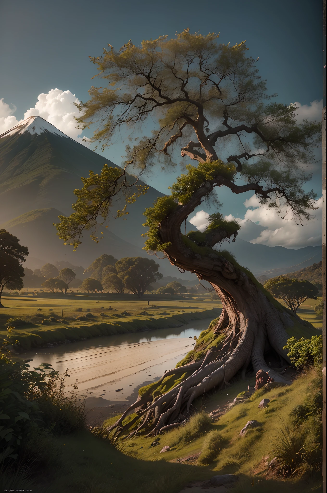 RAW photo of a century-old tree, tronco retorcido e muito grosso, copa bem fechada, having in the background a bucolic landscape with the Osorno volcano, ceu apresentando poucas nuvem, aluz do sol e filtrada pelas nuvem, raios de sol passando por entre as nuvens, ceu com tons de laranja azul e avermelhado, na sombra da arvore tem uma cruz e ao lado da cruz uma silhueta de uma mulher agachada, vestida, paisagem rica em  pequenos detalhes, fotorrealista, foto ultrarrealista, 8k uhd, dslr, soft-lighting, alta qualidade, grain of film, Fujifilm XT3, (obra-prima)
