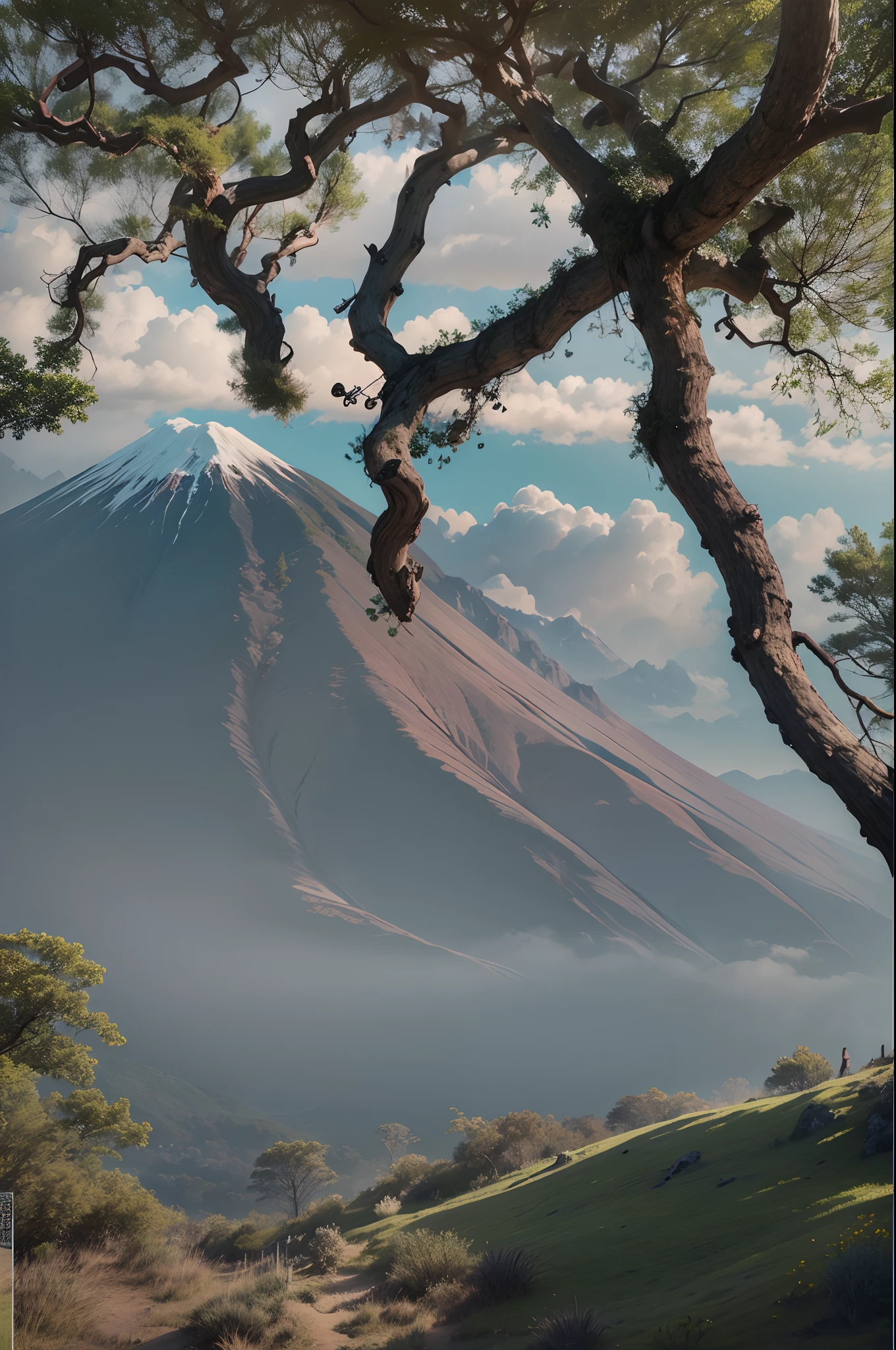 RAW photo of a century-old tree, tronco retorcido e muito grosso, copa bem fechada, having in the background a bucolic landscape with the Osorno volcano, ceu apresentando poucas nuvem, aluz do sol e filtrada pelas nuvem, raios de sol passando por entre as nuvens, ceu com tons de laranja azul e avermelhado, na sombra da arvore tem uma cruz e ao lado da cruz uma silhueta de uma mulher agachada, vestida, paisagem rica em  pequenos detalhes, fotorrealista, foto ultrarrealista, 8k uhd, dslr, soft-lighting, alta qualidade, grain of film, Fujifilm XT3, (obra-prima)