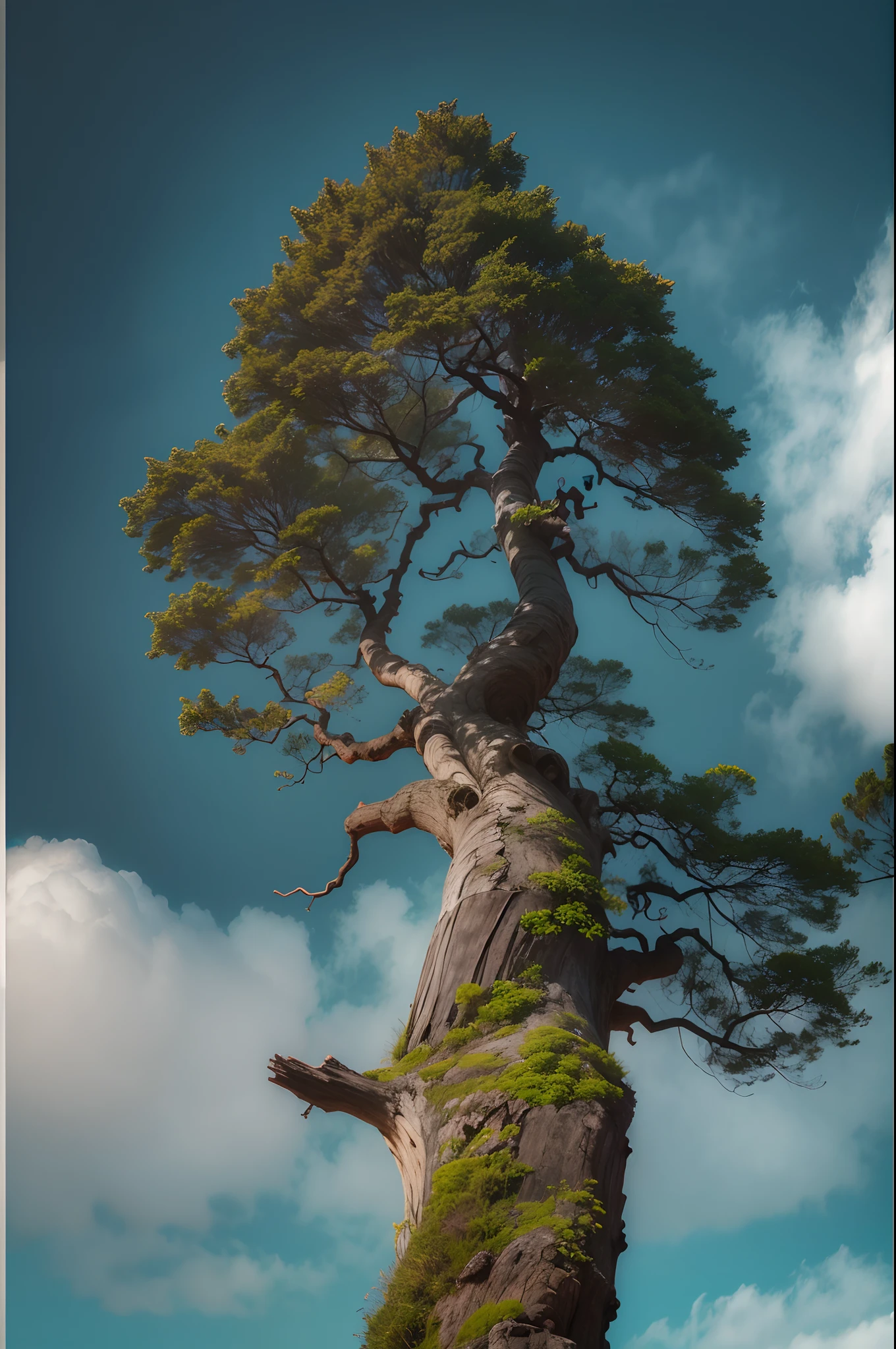 RAW photo of a century-old tree, tronco retorcido e muito grosso, copa bem fechada, having in the background a bucolic landscape with the Osorno volcano, ceu apresentando poucas nuvem, aluz do sol e filtrada pelas nuvem, raios de sol passando por entre as nuvens, ceu com tons de laranja azul e avermelhado, na sombra da arvore tem uma cruz e ao lado da cruz uma silhueta de uma mulher agachada, vestida, paisagem rica em pequenos detalhes, fotorrealista, foto ultrarrealista, 8k uhd, dslr, soft-lighting, alta qualidade, grain of film, Fujifilm XT3, (obra-prima)