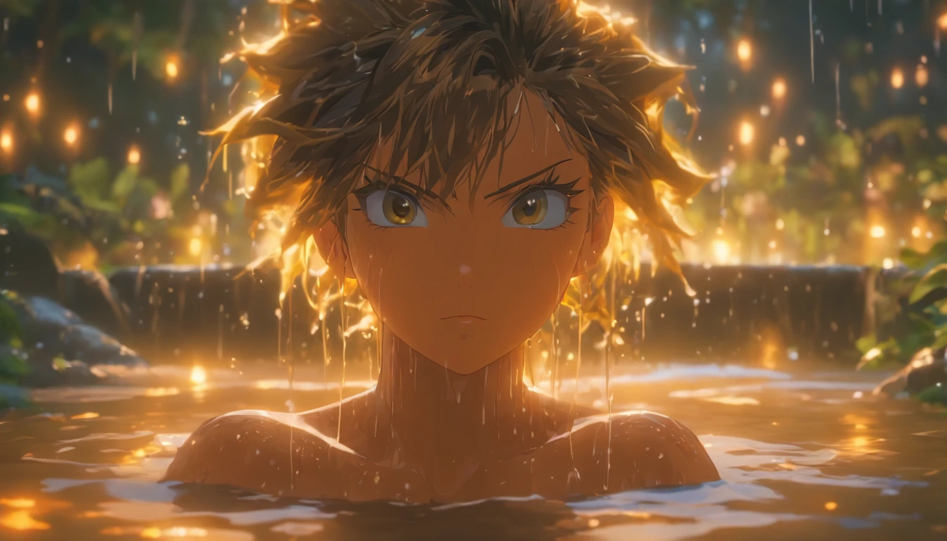 Beautiful woman bathing in the lake,Out of the bath,Eau,water dripping,soaking wet hair, extremely sexy body, detailed medium breasts, Beautiful outdoor background, Night, forest, highly detailed surreal vfx,OC rendering