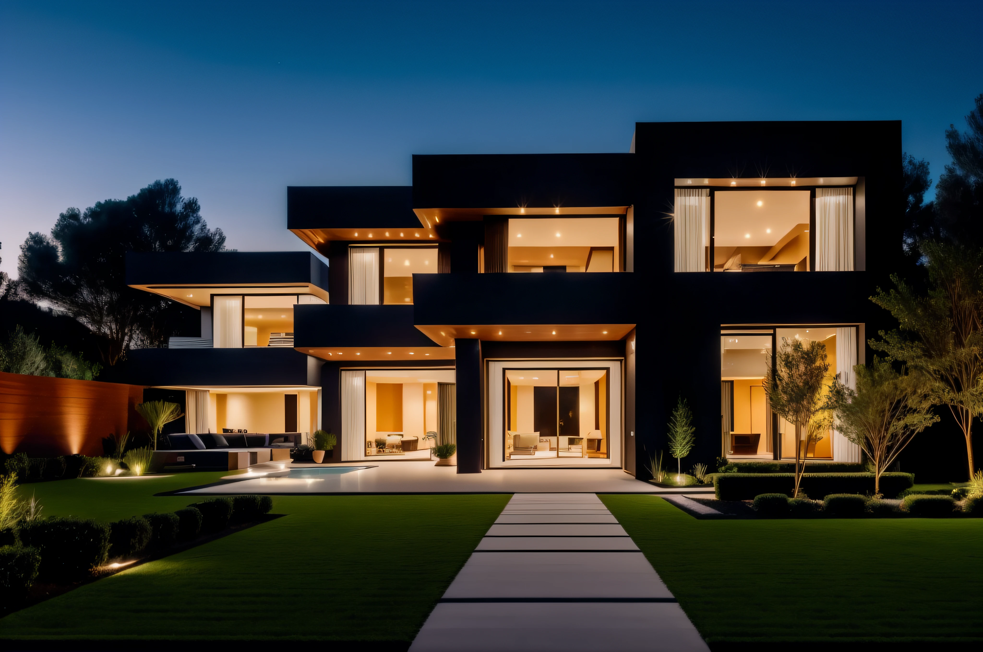 "luxurious modern house with elegant garden lighting"