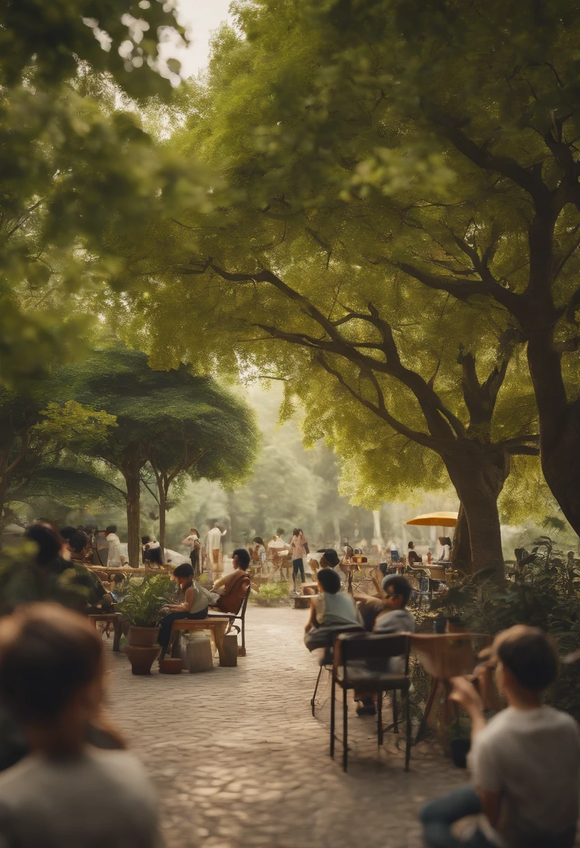 (Boys use VR、AR、cameras、camera、Painting related elements、UAVs、mapping tools, etc))People drawing items to take pictures of the tree-lined little park --auto