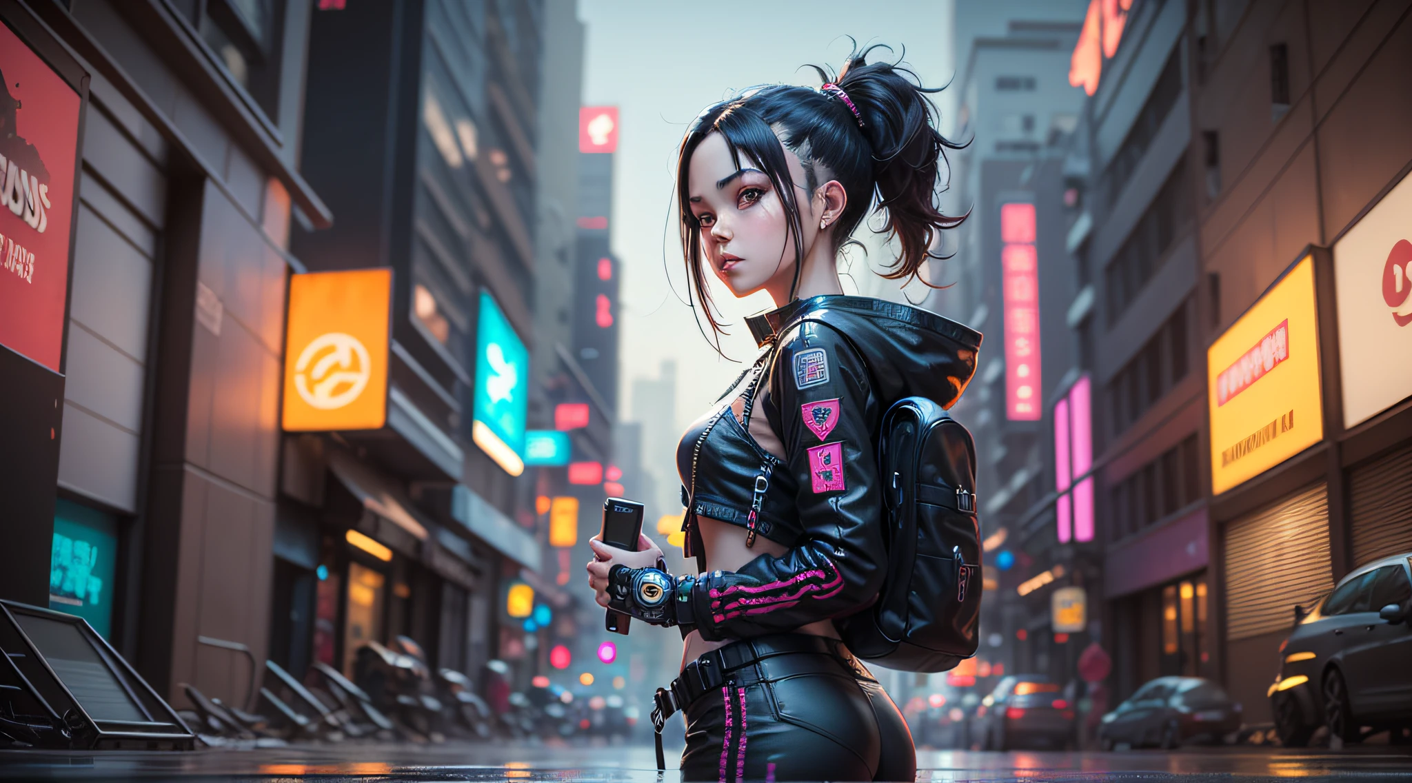 there is a woman standing on the side of the street, cyberpunk art by Yang J, trending on Artstation, realism, artwork in the style of guweiz, anime style. 8k, guweiz, realistic anime 3 d style, trending on cgstation, 🤤 girl portrait, hyper-realistic cyberpunk style, anime style mixed with fujifilm, dreamy cyberpunk girl