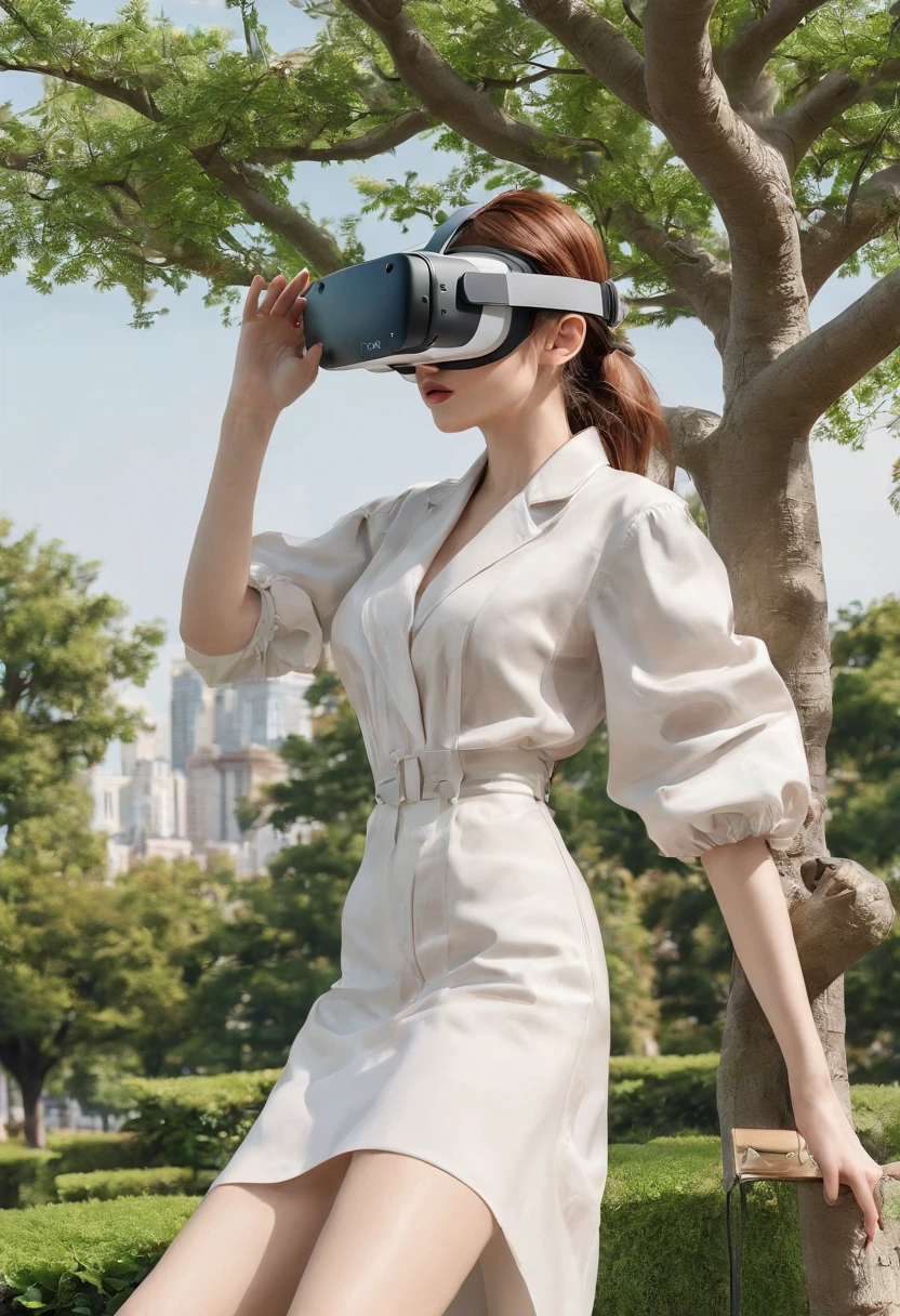 Girls use VR、AR、cameras、camera、Painting related elements、UAVs、mapping tools, etc))People drawing items to take pictures of the tree-lined little park --auto