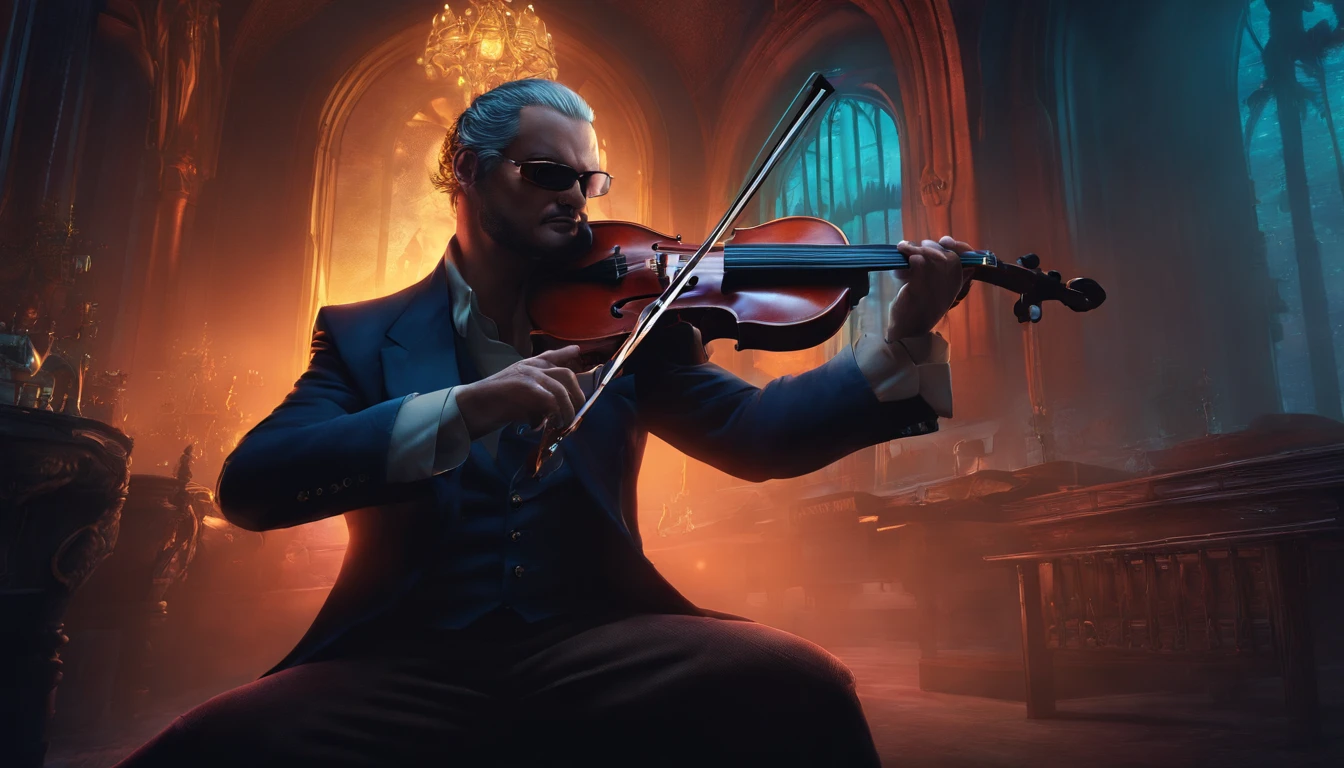 Arafad image of a man playing violin in a dark room, fantasy violin, Kerem couplet, Just the art of dark metal music, dark but detailed digital art, 8 0's style Thomas Allen Kopera, (fantasy violin), Tomasz Alen Kopera and CGsociety, dramatic artwork, stefan gesell, author:Slawomir Maniak