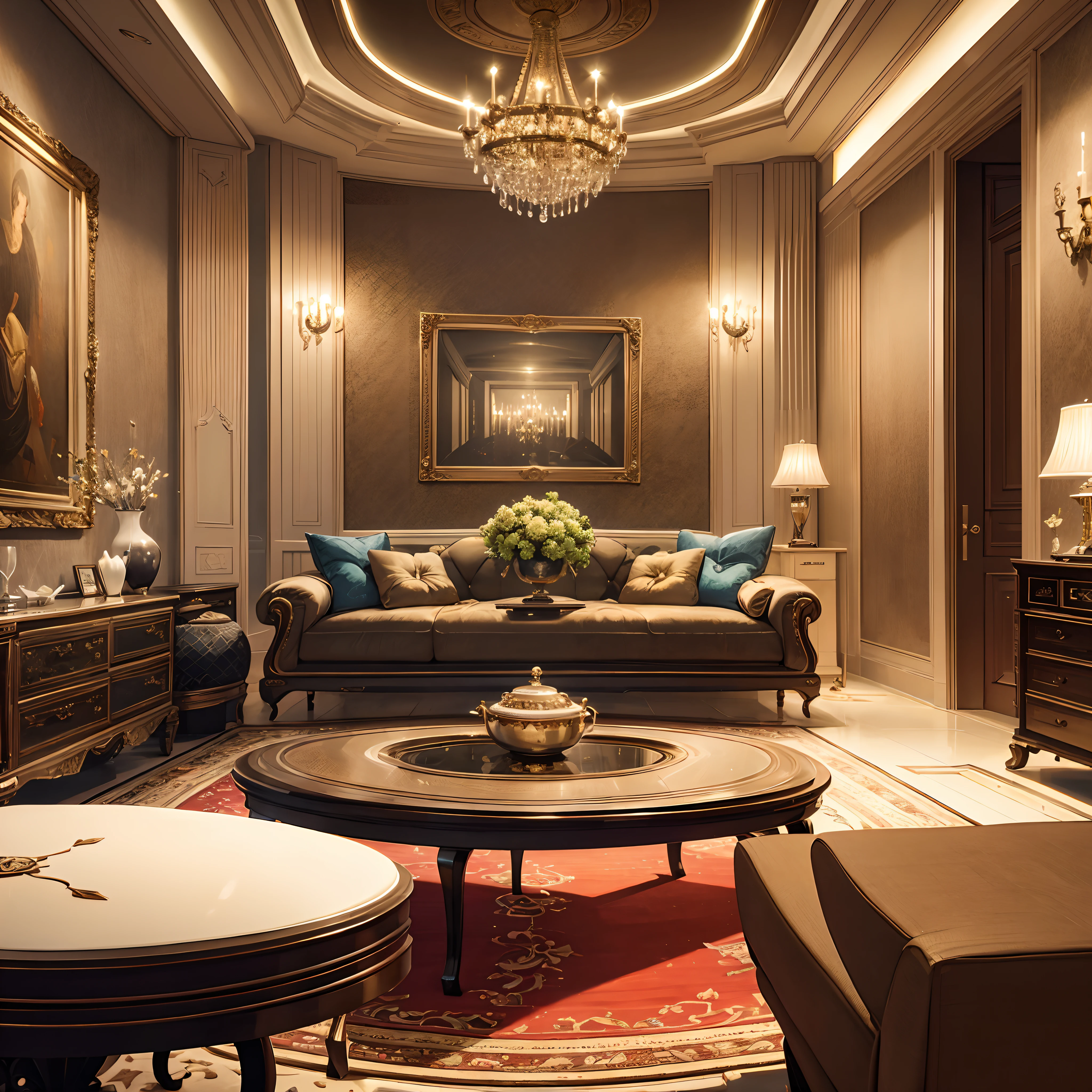 A luxury house surrounded by LED lights, seats, coffee table, carpet, Dinner table, wide windows, stylish paintings, Trinket, Television, Realistic, Commode