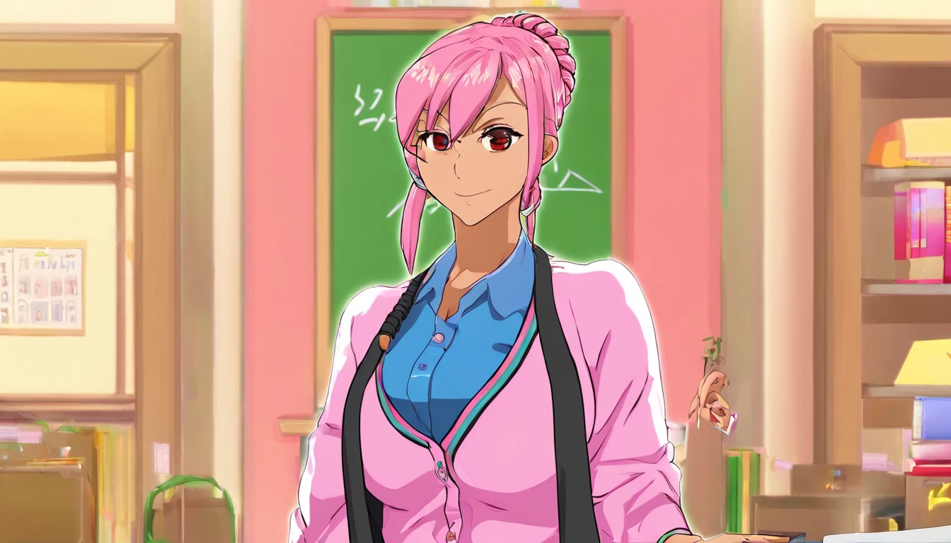 (((anime big breast))), ((Animate)), (Tai), Medium hair, (pigtail hair:1.3), (Blunt bangs:1.2),two tone color hair, Blonde hair, (Pink hair), face round, Red eyes, (Drooping eyes), (((tareme))),pink lip,Piercing,necklace,[Black skin], Light smile, ((((Cute)))), Beautiful, 1 girl, Solo, (Cardigan:1.4), [cleavage cutout],peace signs,Beautiful background,(Classroom:1.5),Evening,Sunlight,back lit lighting,Masterpiece,Best quality,Exquisite,8K,absurderes,Super fine illustration,(view the viewer)