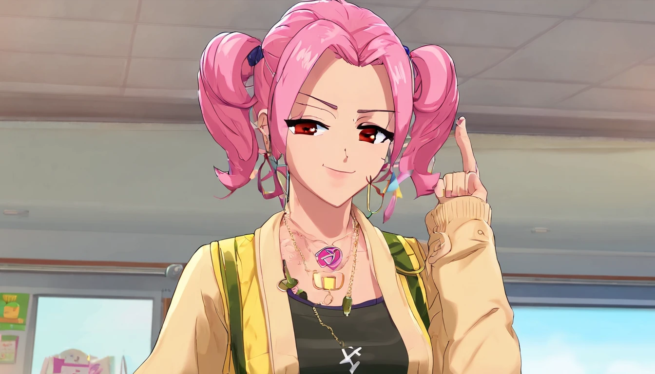 (((anime big breast))), ((Animate)), (Tai), Medium hair, (pigtail hair:1.3), (Blunt bangs:1.2),two tone color hair, Blonde hair, (Pink hair), face round, Red eyes, (Drooping eyes), (((tareme))),pink lip,Piercing,necklace,[Black skin], Light smile, ((((Cute)))), Beautiful, 1 girl, Solo, (Cardigan:1.4), [cleavage cutout],peace signs,Beautiful background,(Classroom:1.5),Evening,Sunlight,back lit lighting,Masterpiece,Best quality,Exquisite,8K,absurderes,Super fine illustration,(view the viewer)