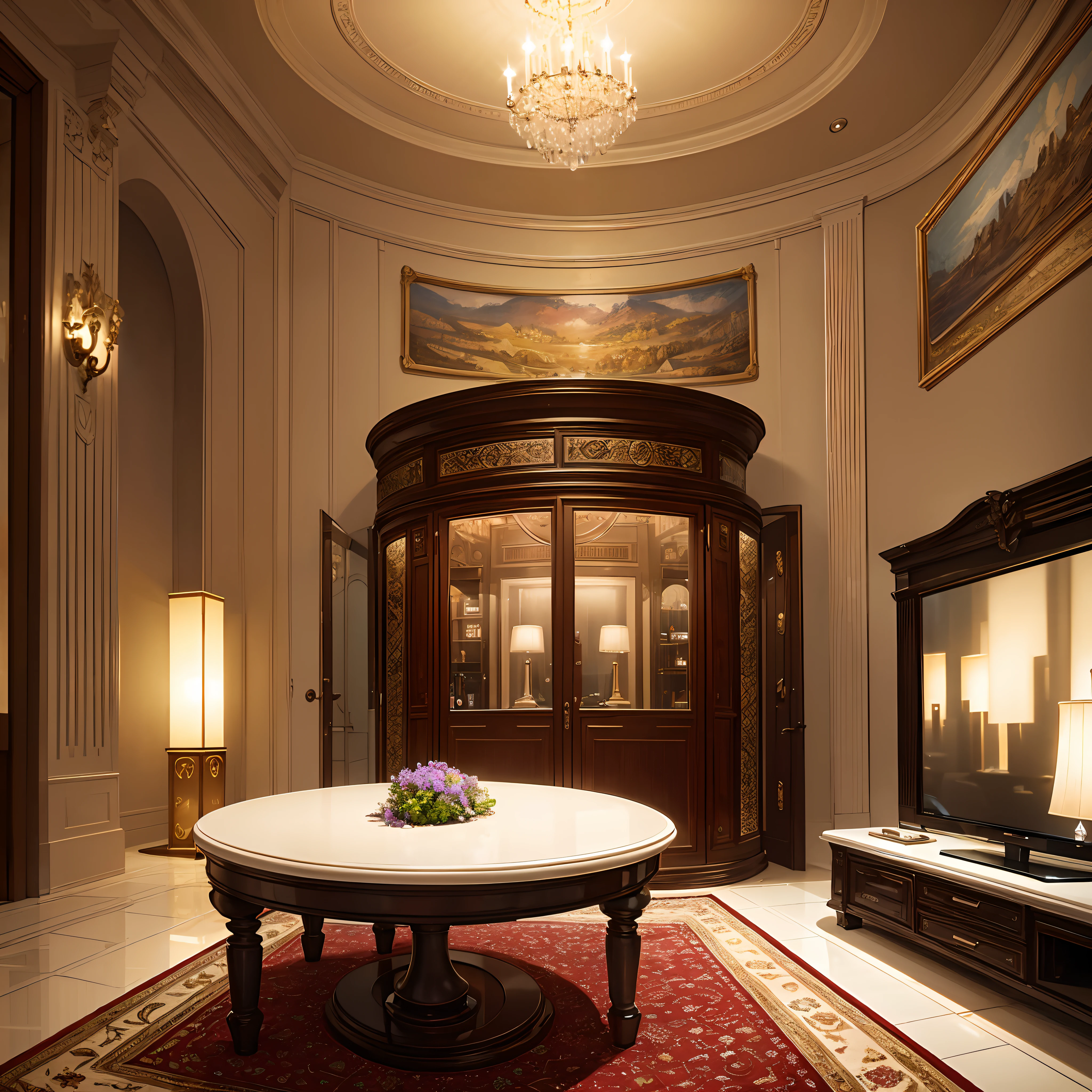 A luxury house surrounded by LED lights, seats, coffee table, carpet, Dinner table, wide windows, stylish paintings, Trinket, Television, Realistic, Commode