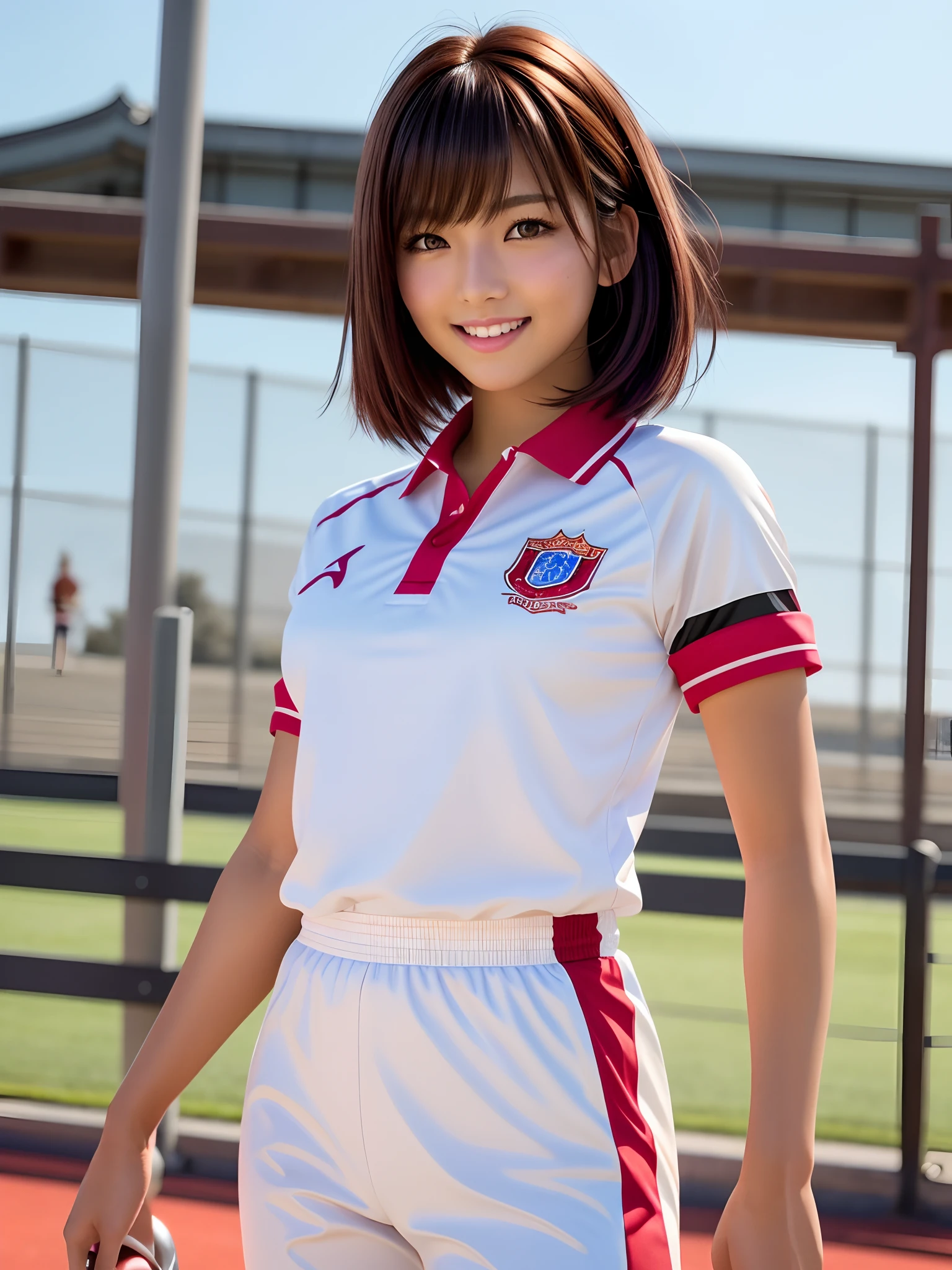 Highest quality, masterpiece, Ultra-high resolution, (Realistic:1.4), Raw photo, One girl, The most famous Japanese actresses, Wearing a volleyball uniform, Very beautiful face, very beautiful big eyes, Very beautiful short hair, Very beautiful skin, Very beautiful long eyelashes, Very beautiful lips, Very beautiful hips, Very beautiful thighs, Upturned buttocks, Dynamic Pose, An innocent smile