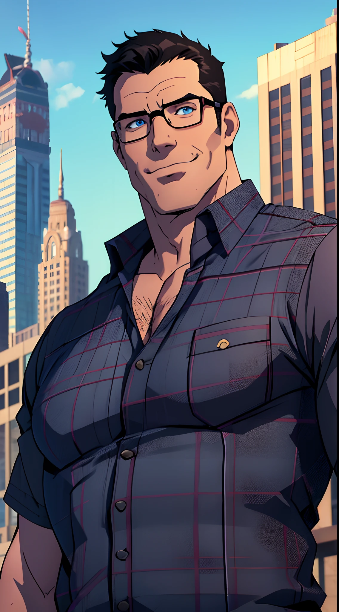 1 man, solo, Clark Kent , muscular male, tall, daddy, macho, large pectorals, male focus, middle-aged man, glasses, black hair, short hair, a strand of hair on forehead, blue eyes, smiling, face focus, red and black plaid shirt, upper body shot, skycrapers, ((masterpiece))