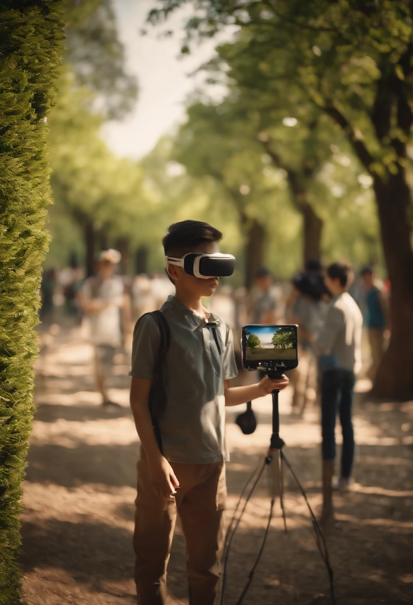 (Boys use VR、AR、cameras、camera、Painting related elements、UAVs、mapping tools, etc))People drawing items to take pictures of the tree-lined little park --auto