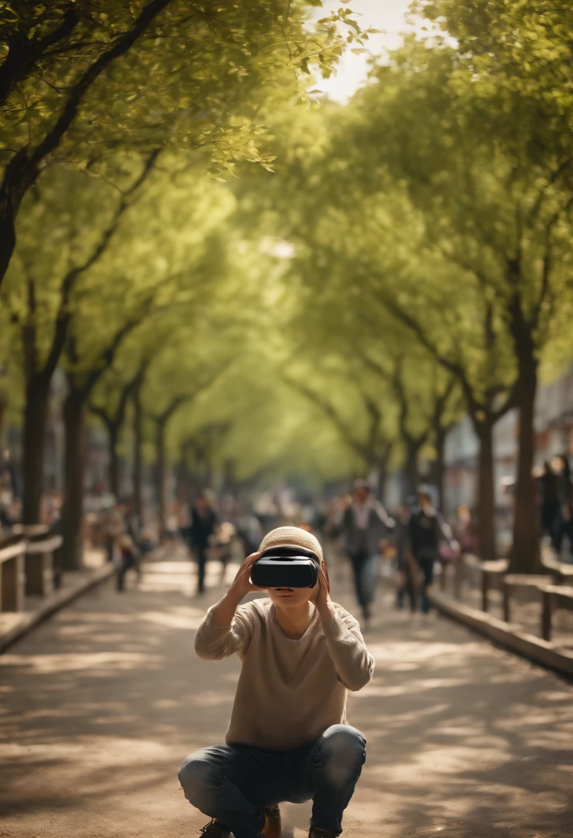 (Boys use VR、AR、cameras、camera、Painting related elements、UAVs、mapping tools, etc))People drawing items to take pictures of the tree-lined little park --auto