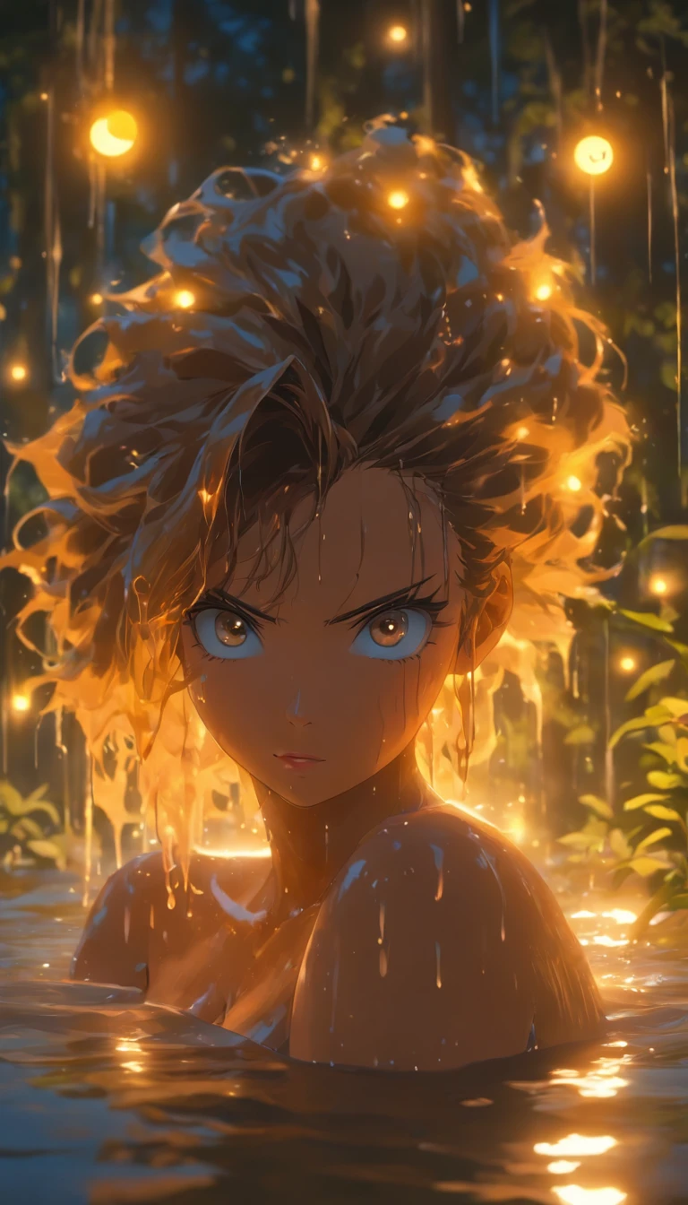 Beautiful woman bathing in the lake,Out of the bath,Eau,drippy,soaking wet hair, extremely sexy body, detailed medium breasts, Beautiful outdoor background, night moon, forest, highly detailed surreal vfx,oc rendered