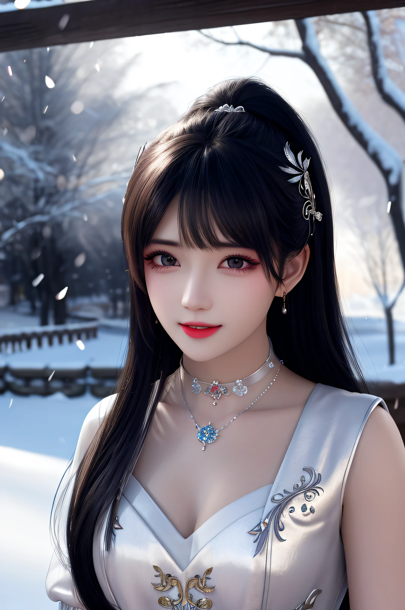 best qualityer,8K, tmasterpiece, A high resolution, 1girll, Clear silk porcelain dress, Fur coat, hair adornments, ssmile, Keep one's mouth shut, cparted lips,Large breasts,Shoulder, shift dresses, hair adornments, choker necklace, jewely, Chinese outfit, long whitr hair, 耳Nipple Ring, Detailed beautiful eyes, detailed eyelashes, beautiful face,after sexing_Body, Tyndall effect,realisticlying, edge lit, twotonelighting,(highdetailskin:1.2), 8K, Ultra HD, digital SLR camera, gentle illumination, high high quality, Volumetriclighting, Frankness, photore, A high resolution, Bokeh, at a forest, Falling snow, Winters, in the afternoon