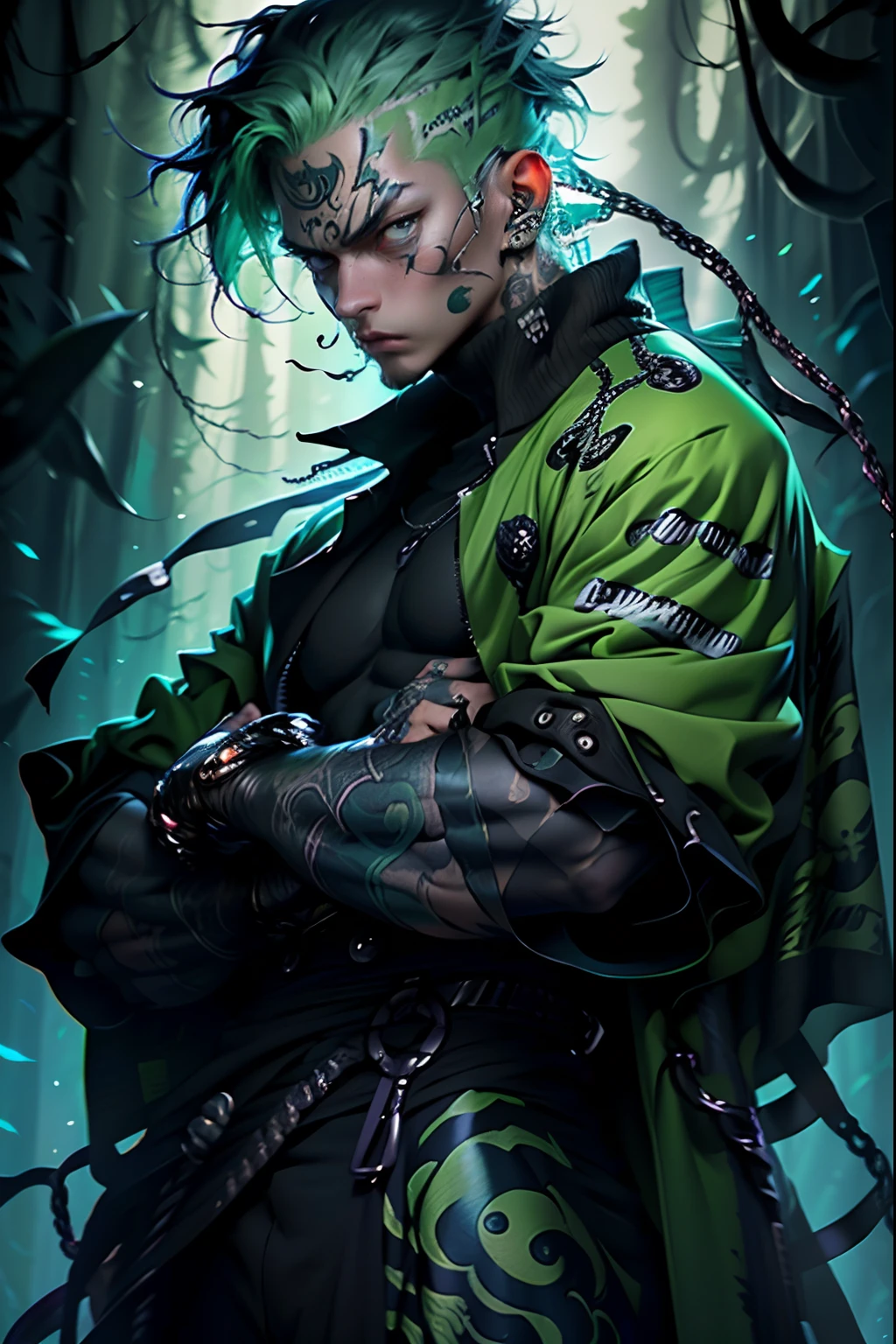 kpop girl wearing sage green futuristic jacket, slim body, big sword katana black turtle neck attire, big jacket, serious face, chains, tattoos, cool pose, whole body shot, big eyes, glowing forest background