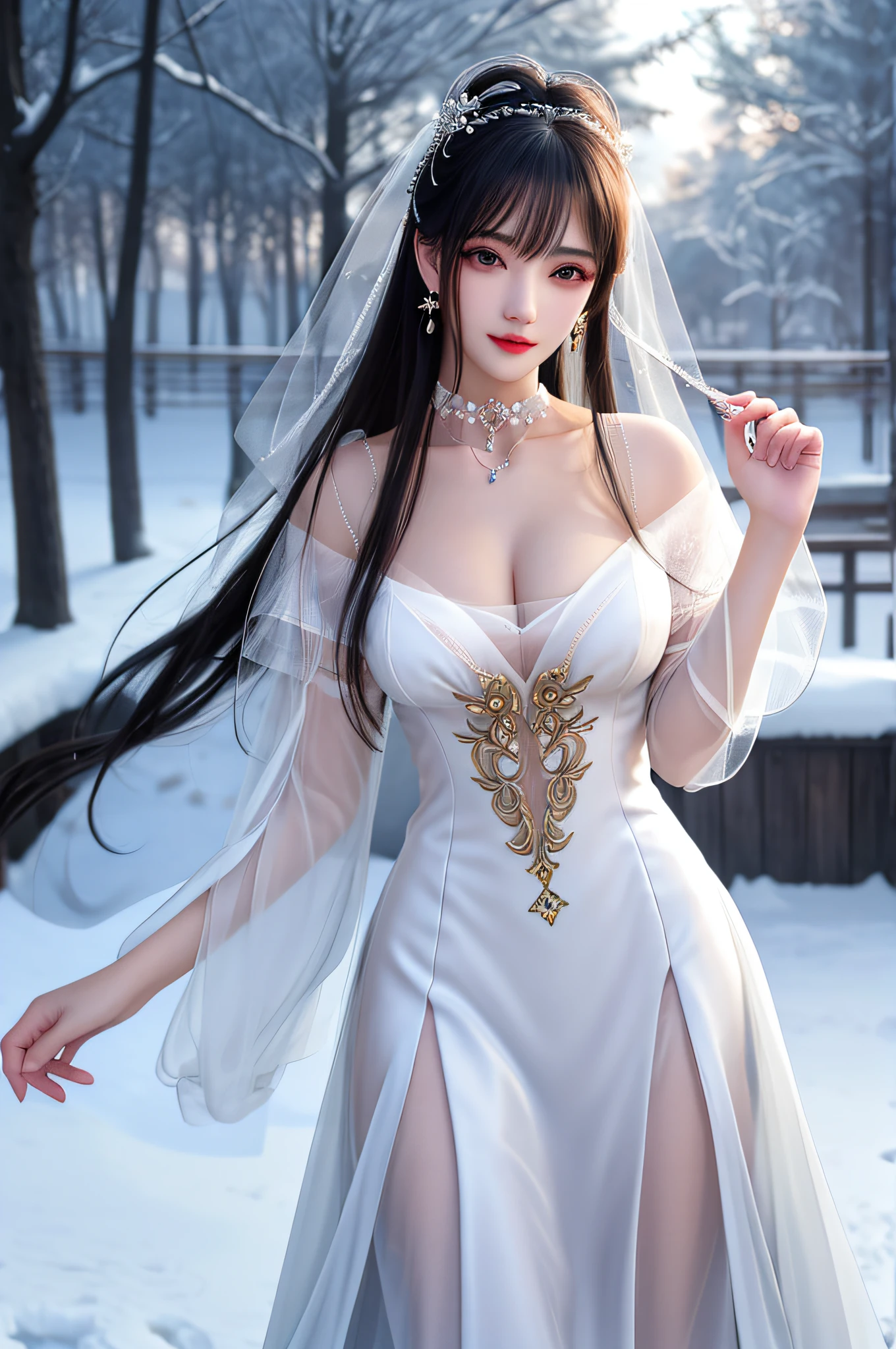 best qualityer，8K， tmasterpiece， A high resolution， 1girll， Clear silk porcelain dress， Fur coat， hair adornments， ssmile， Keep one's mouth shut， cparted lips，Large breasts，Shoulder， shift dresses， hair adornments， choker necklace， jewely， Chinese outfit， long whitr hair， 耳Nipple Ring， Detailed beautiful eyes， detailed eyelashes， beautiful  face，after sexing_Body，Slender and long legs， Tyndall effect，realisticlying， edge lit， twotonelighting，（highdetailskin：1.2）， 8K, Ultra HD， digital SLR camera， gentle illumination， high high quality， Volumetriclighting， Frankness， photore， A high resolution， Bokeh， at a forest， Falling snow， Winters， in the afternoon