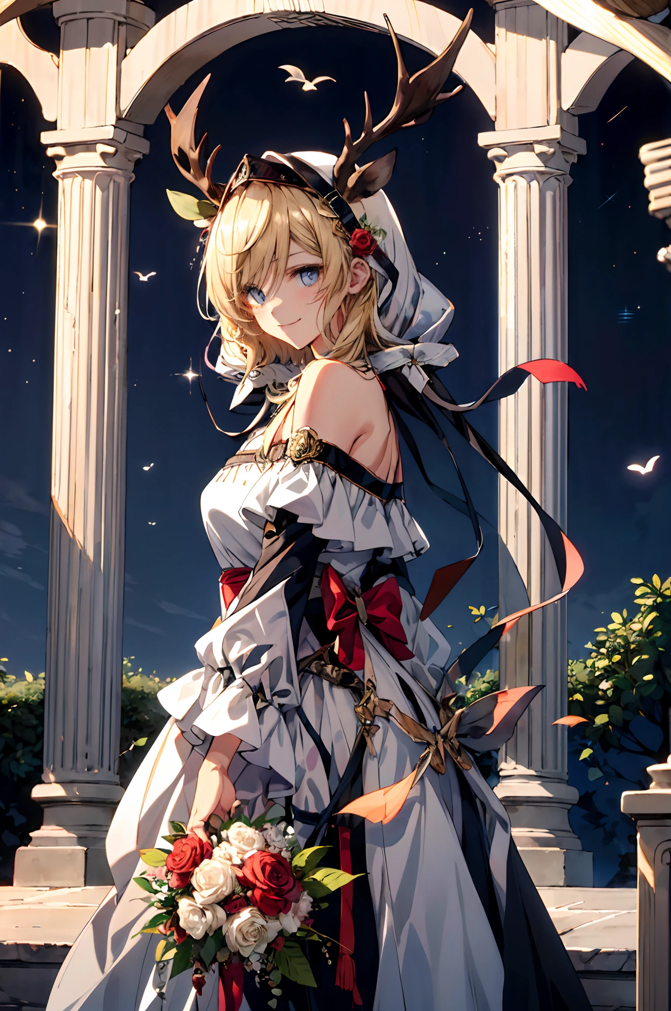 (tmasterpiece、top-quality、illustratio、Extremely high quality、high-level image quality、Extremely sensitive writing)Blonde girl standing in beautiful garden、A slight smile、She has a large bouquet、Cute national costume style dress,There are ruffles on the shoulders、Hair fluttering in the wind