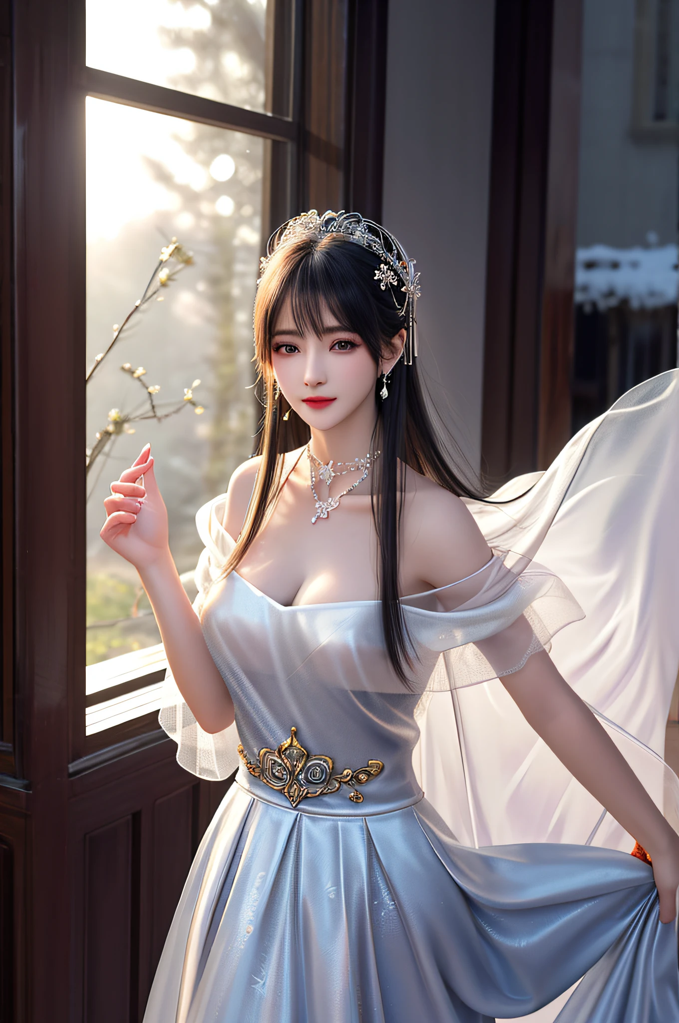 Master works, 8k resolution, princess, V-shaped eyebrows, smile, long hair, gray hair, veil, dress, over-the-knee socks