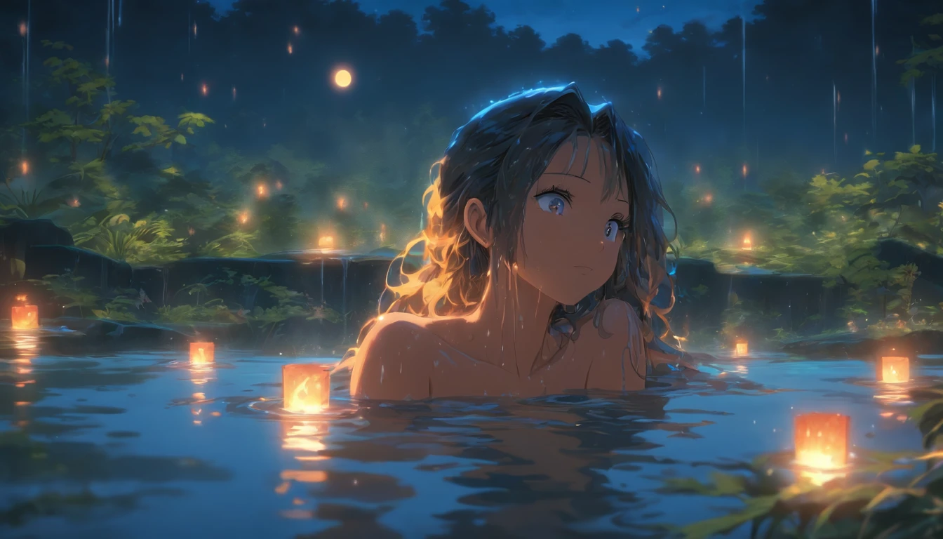 Beautiful woman bathing in the lake,Out of the bath,Eau,drippy,Long wet hair, extremely sexy body, detailed medium breasts, Beautiful outdoor background, night moon, forest, highly detailed surreal vfx,oc rendered