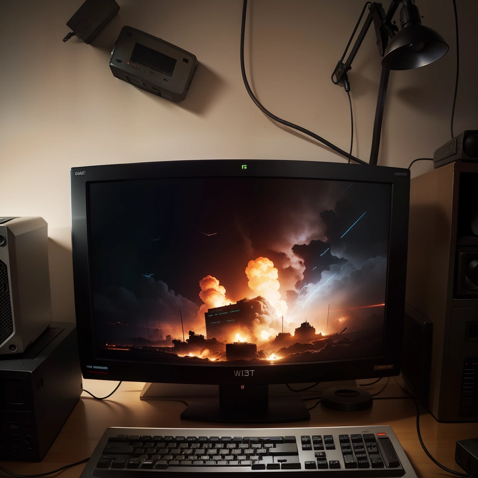 CRT display showing world war 3rd, aged computer