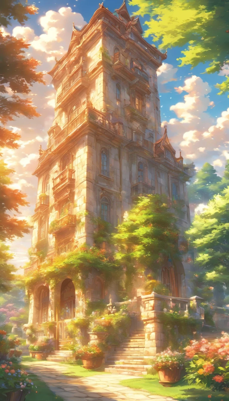 (photo-realism), (Best quality, Masterpiece, Full of details), A mansion with two towers, Many trees, Colorful garden, flower pots, Old mansion, White stone path, Green grass, Blue sky, Sunshine, Brown brick mansion, Ultra HD
