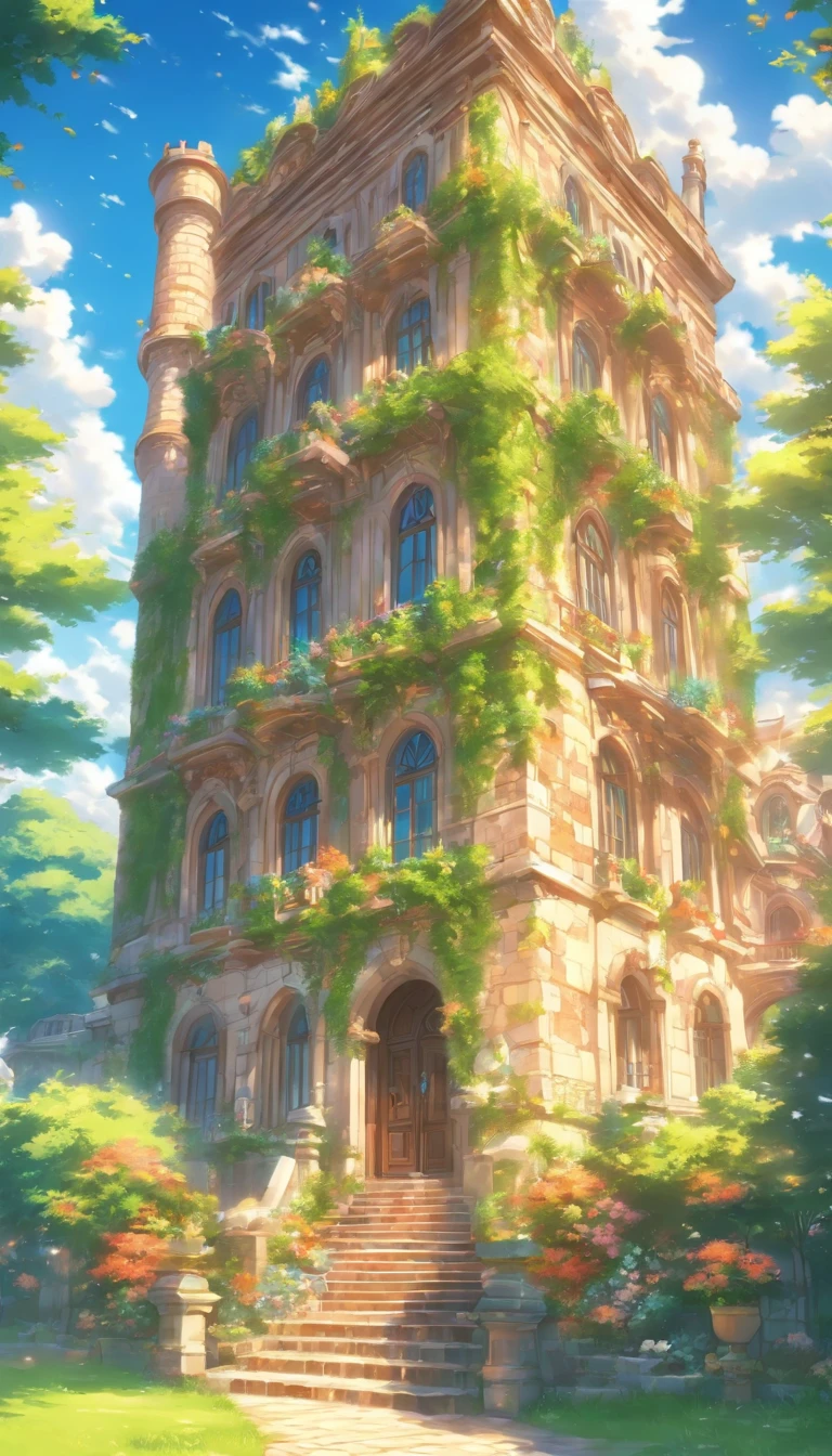 (photo-realism), (Best quality, Masterpiece, Full of details), A mansion with two towers, Many trees, Colorful garden, flower pots, Old mansion, White stone path, Green grass, Blue sky, Sunshine, Brown brick mansion, Ultra HD