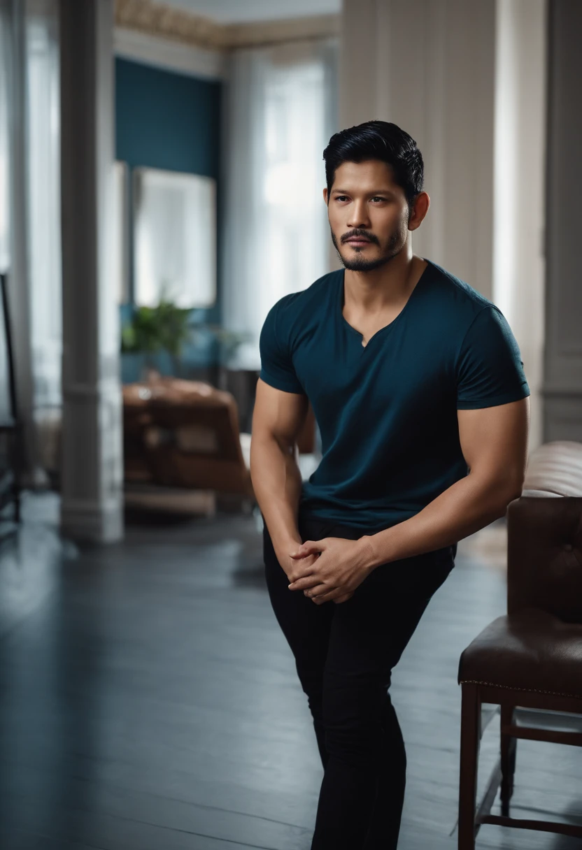 (Man with stylish outfit), ), (short beard,) (black eyes) (Portrait) Attractive and serious look, black hair, Stylish and elegant, and strong body t-shirt, man similar to actor iko uwais, (High quality and realistic image), in the background Scandinavian apartment with designer furniture and with blue wall color in the background, ((best quality, 8K, masterpiece).