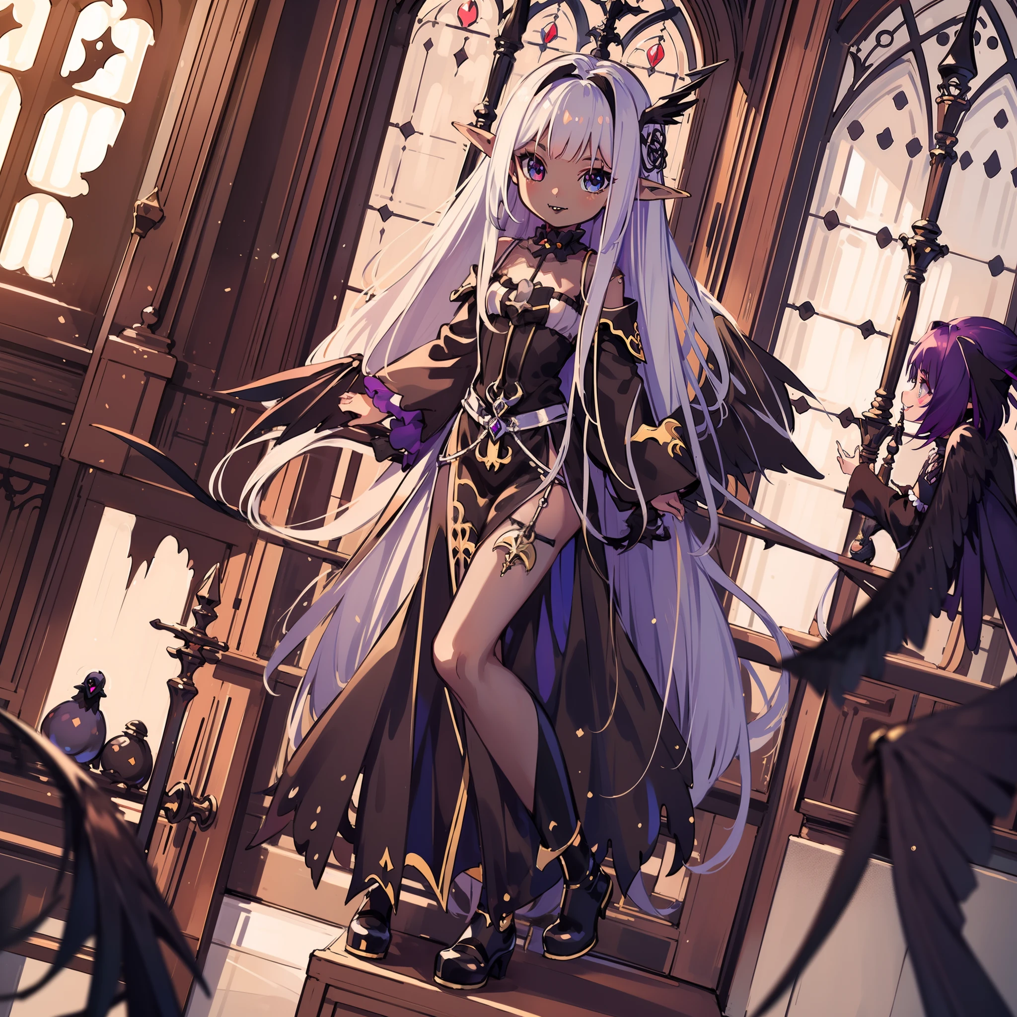very cute female girl:1.5,(smile broadly:1.3),(Darkness:1.4),blue eyes,silver hair:1.3,(glay brown skin:1.7),elf ear:1.3, (raven wings:1.7),(dark elf:1.6),action:1.6,gothic mermaid dress:1.8,BREAK dutch angle shot,dynamic angle:1.6,ground-level shot,low angle,full body shot,medium shot,BREAK (Gothic room:1.8),Summer,day, Long hair,flat chest,Wind,BREAK (extremely detailed CG unity 8k portrait),(highly detailed fingers),(Masterpiece: 1.3),(ultra detailed face),(Exquisite Detail: 1.2),highly detail Eye,(Highest Quality:1.4), (Super-Resolution: 1.2),(super fine illustration), Eyelashes, Best Quality,super detailed skin,