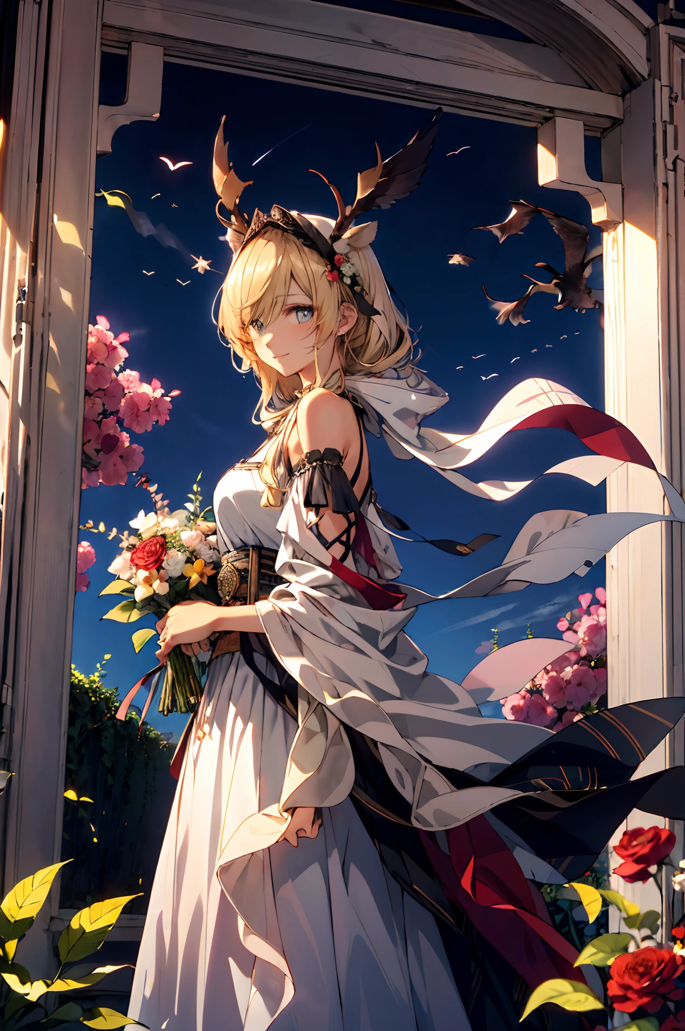 (tmasterpiece、top-quality、illustratio、Extremely high quality、high-level image quality、Extremely sensitive writing)Blonde girl standing in beautiful garden、A slight smile、She has a large bouquet、Cute national costume style dress,There are ruffles on the shoulders、Hair fluttering in the wind