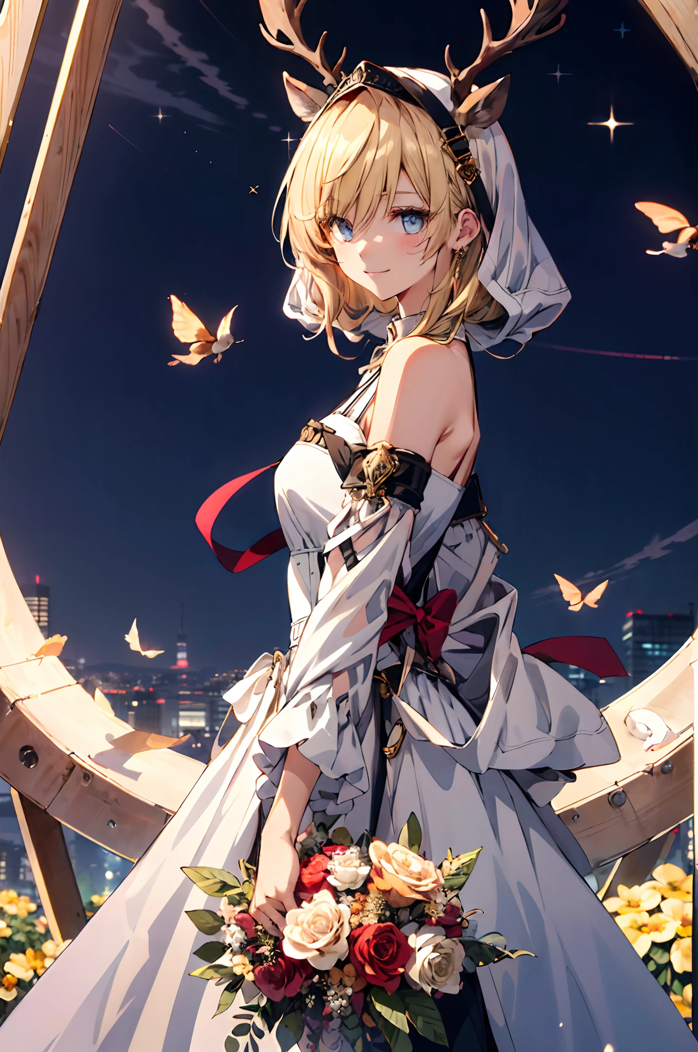 (tmasterpiece、top-quality、illustratio、Extremely high quality、high-level image quality、Extremely sensitive writing)Blonde girl standing in beautiful garden、A slight smile、She has a large bouquet、Cute national costume style dress,There are ruffles on the shoulders、Hair fluttering in the wind