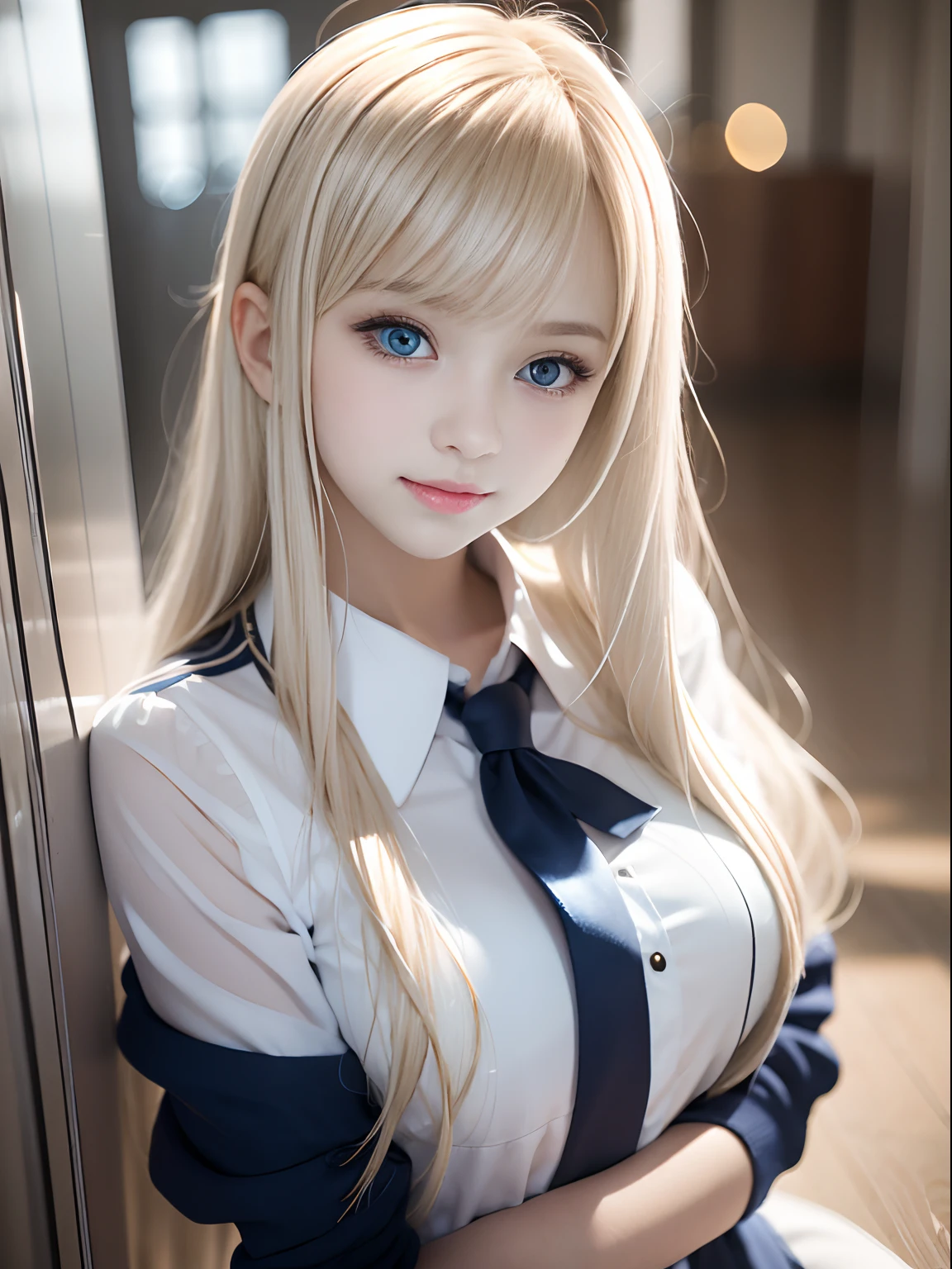 portlate、School Uniforms、bright expression、Young shiny shiny white shiny skin、Best Looks、Blonde reflected light、Platinum blonde hair with dazzling highlights、shiny light hair,、Super long silky straight hair、Beautiful bangs that shine、Glowing crystal clear attractive big blue eyes、Very beautiful nice cute 16 year old girl、Lush bust、