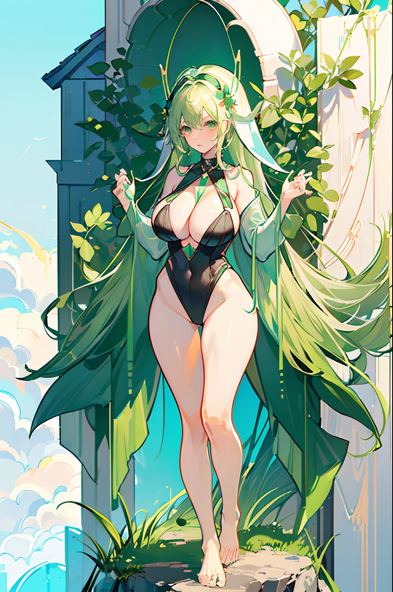 (((Green slingshot swimsuit))),(Nun cap),(gigantic cleavage breasts:1.5),(nakeness),(legs above head),(White background),coiffed blonde hair,greene eyes,Raise both hands,bare-legged,The barefoot,