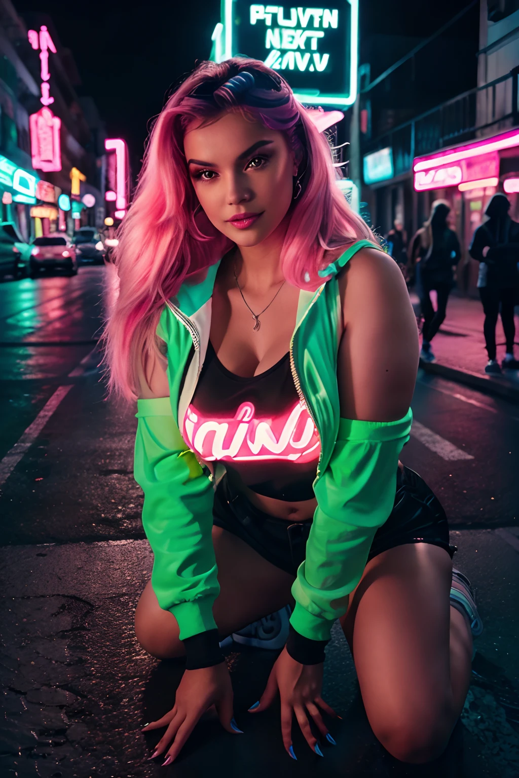 On a neon-lit street, a curvy Russian woman leans forward, one hand playing with her hair, against a glowing sign. In streetwear and chunky sneakers, her half-smiling, dreamy gaze is drawn to the neon colors. A vibrant, neon-hued LUT captures the night’s allure.