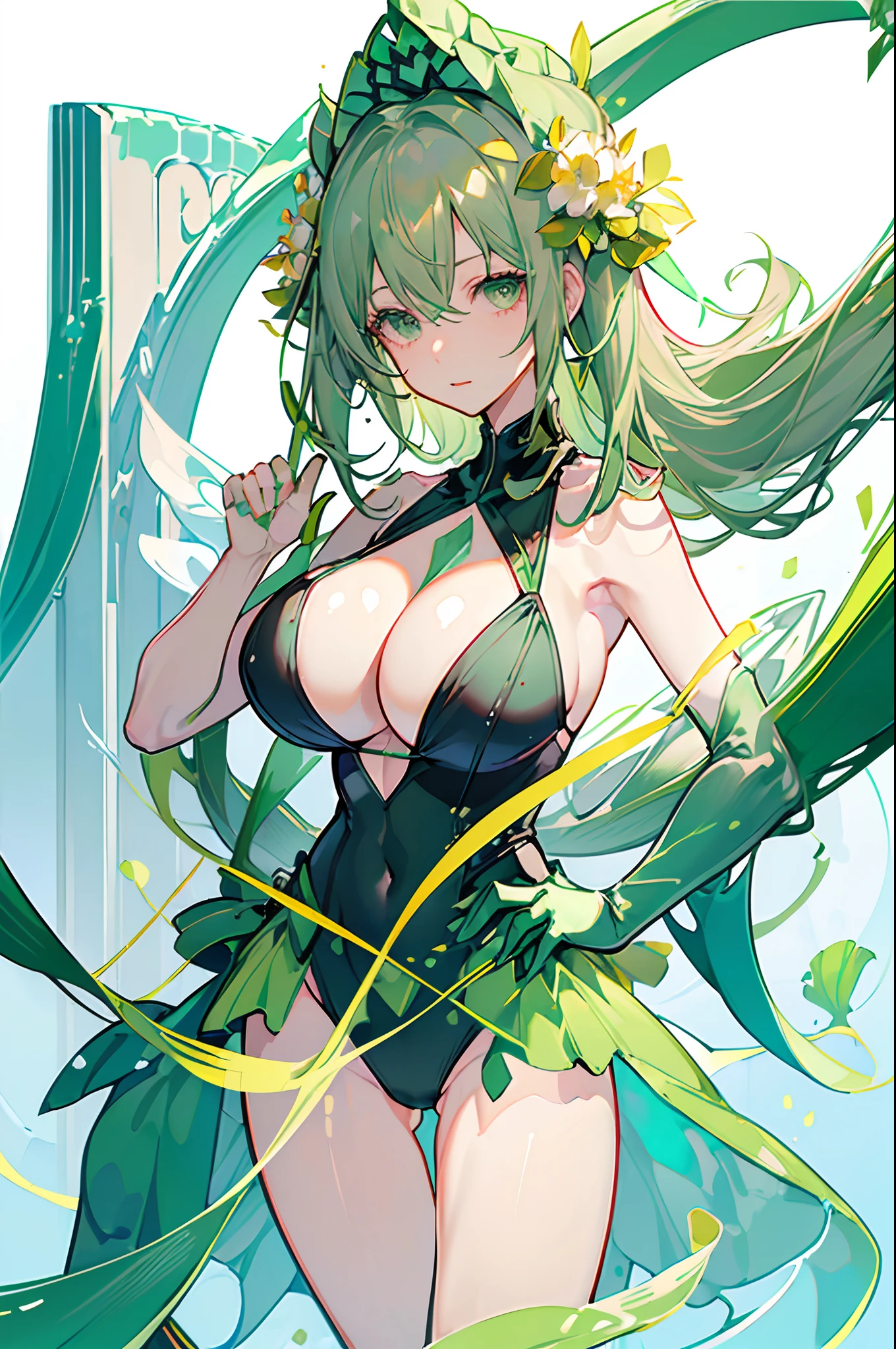 (((Green slingshot swimsuit))),(Nun cap),(gigantic cleavage breasts:1.5),(nakeness),(legs above head),(White background),coiffed blonde hair,greene eyes,Raise both hands,bare-legged,The barefoot,