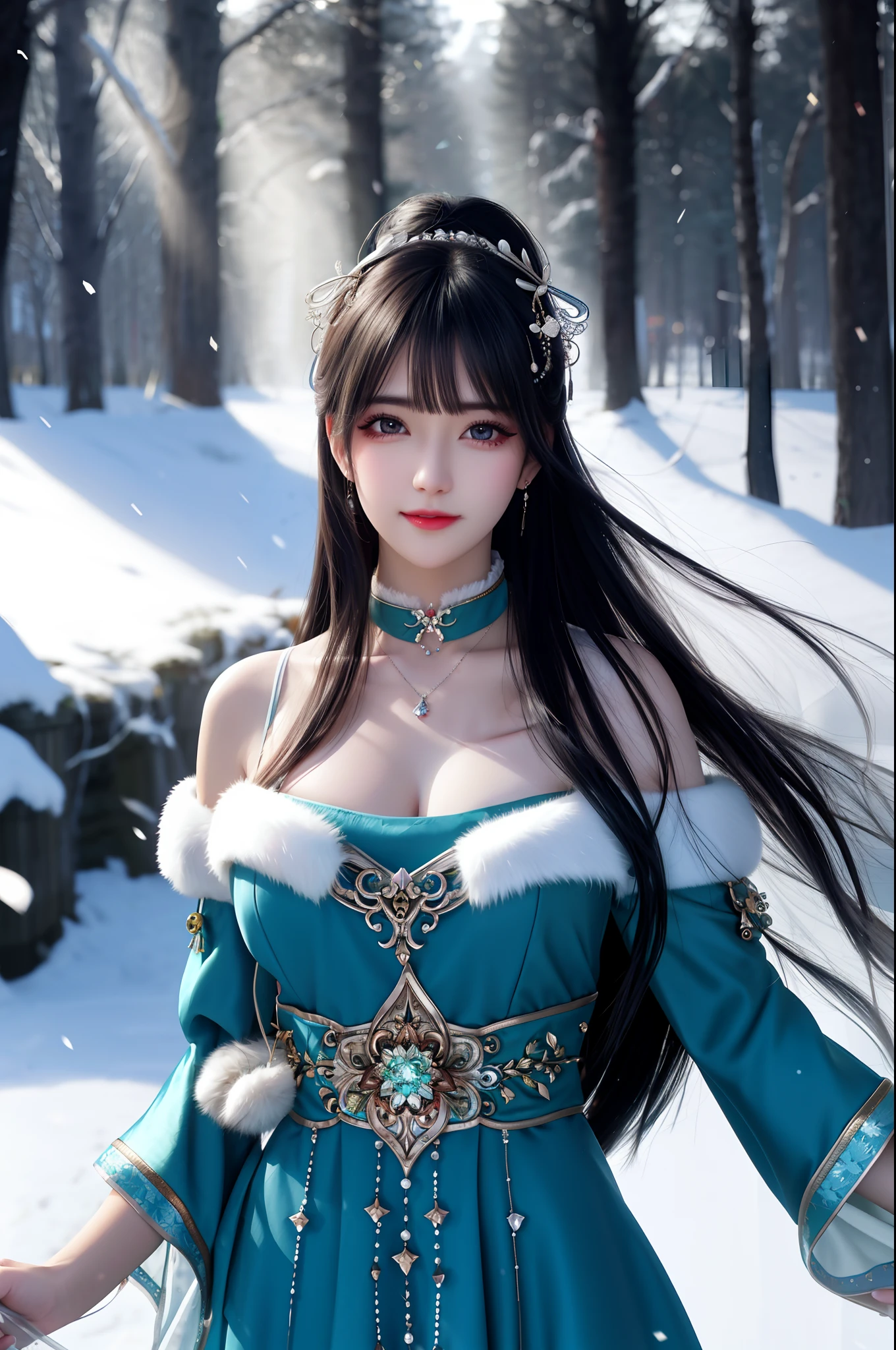 best qualityer，8K， tmasterpiece， A high resolution， 1girll， Clear silk porcelain dress， Fur coat， hair adornments， ssmile， Keep one's mouth shut， cparted lips，Large breasts，Shoulder， shift dresses， hair adornments， choker necklace， jewely， Chinese outfit， long whitr hair， 耳Nipple Ring， Detailed beautiful eyes， detailed eyelashes， beautiful  face，after sexing_Body， Tyndall effect，realisticlying， edge lit， twotonelighting，（highdetailskin：1.2）， 8K, Ultra HD， digital SLR camera， gentle illumination， high high quality， Volumetriclighting， Frankness， photore， A high resolution， Bokeh， at a forest， Falling snow， Winters， in the afternoon