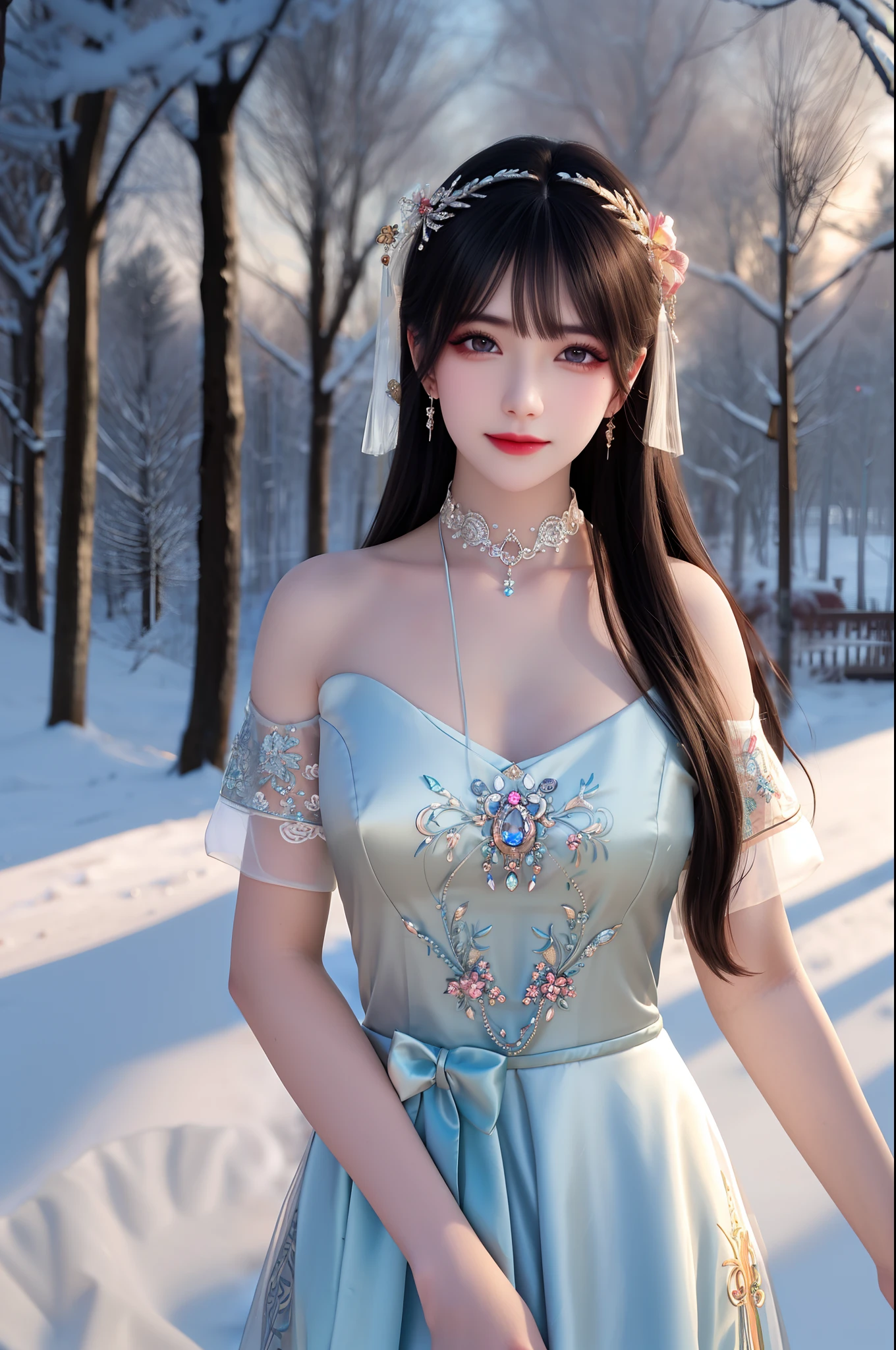 best qualityer,8K, tmasterpiece, A high resolution, 1girll, Clear silk porcelain dress, Fur coat, hair adornments, ssmile, Keep one's mouth shut, cparted lips,Large breasts,Shoulder, shift dresses, hair adornments, choker necklace, jewely, Chinese outfit, long whitr hair, 耳Nipple Ring, Detailed beautiful eyes, detailed eyelashes, beautiful face,after sexing_Body, Tyndall effect,realisticlying, edge lit, twotonelighting,(highdetailskin:1.2), 8K, Ultra HD, digital SLR camera, gentle illumination, high high quality, Volumetriclighting, Frankness, photore, A high resolution, Bokeh, at a forest, Falling snow, Winters, in the afternoon