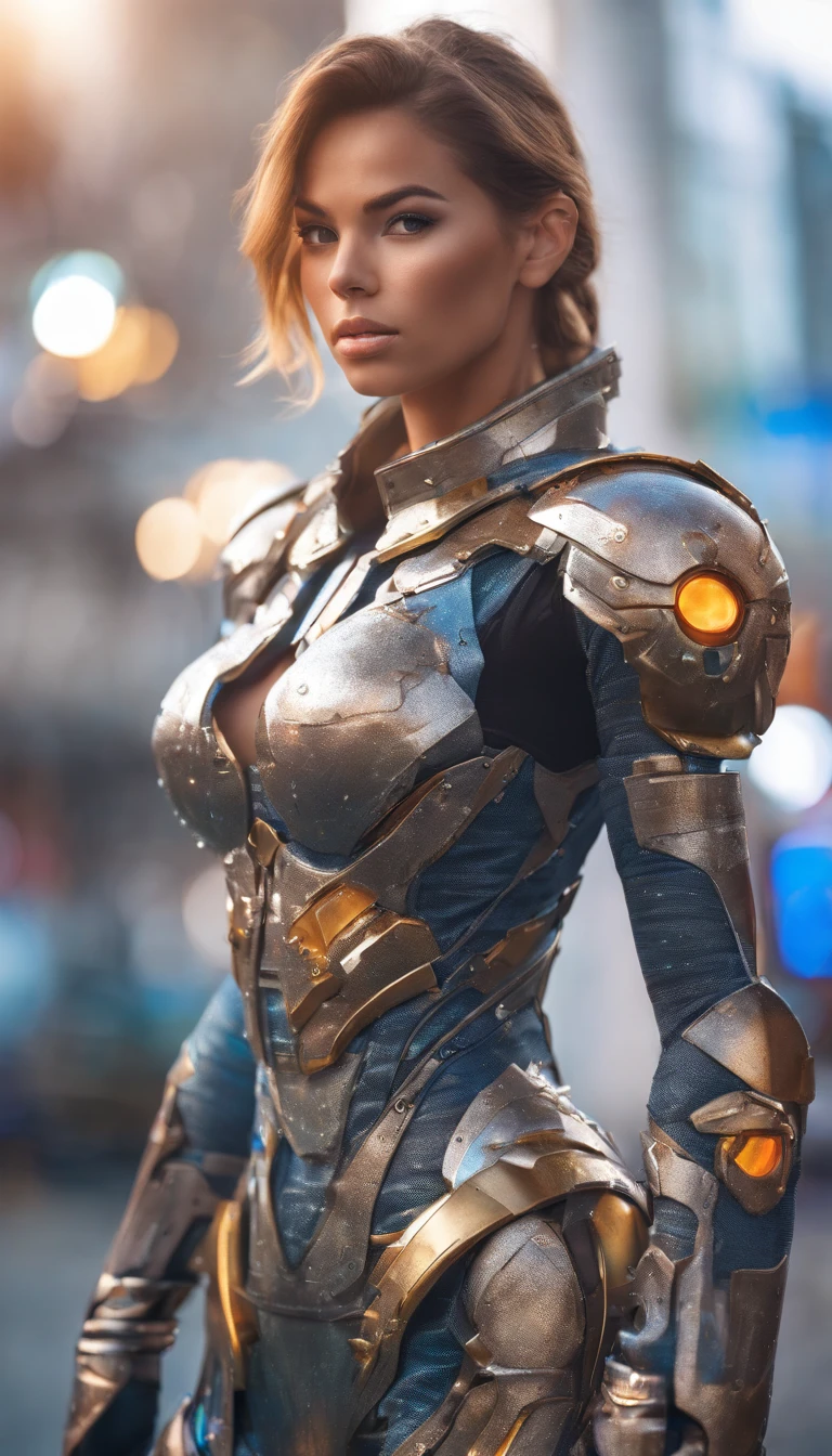 Medium shot of sexy female cyborg wearing scratched and tarnished futuristic armor in destroyed futuristic city, fantasy, Sci-fi, beautiful feminine face, Seductive, Sexual, Mist, Vivid and seductive eyes, Dramatic, Best quality masterpiece, Photorealistic, Detailed, 8K, hdr, Shallow depth of field, Cinematic lighting, full bloom, glittery, color difference, Sharp focus