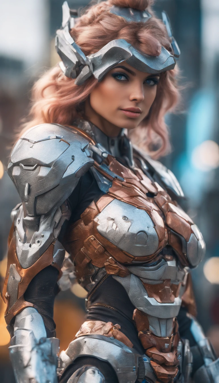 Medium shot of sexy female cyborg wearing scratched and tarnished futuristic armor in destroyed futuristic city, fantasy, Sci-fi, beautiful feminine face, Seductive, Sexual, Mist, Vivid and seductive eyes, Dramatic, Best quality masterpiece, Photorealistic, Detailed, 8K, hdr, Shallow depth of field, Cinematic lighting, full bloom, glittery, color difference, Sharp focus
