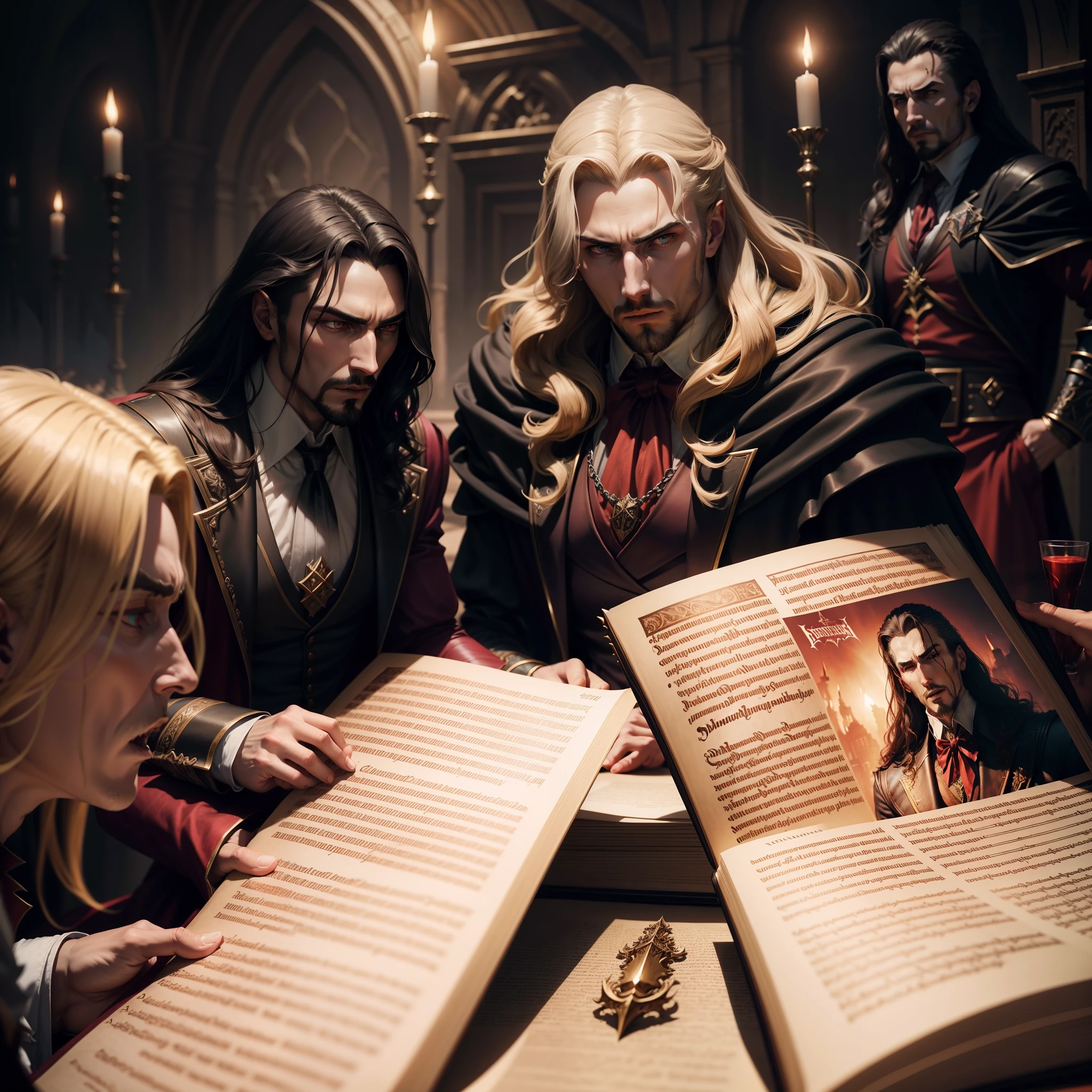 Castlevania Shadow Lord hyper realistic super detailed Dynamic shot centerpiece of Lord Dracula discussing ancient manuscripts with hyper realistic scholarly demons great scenes