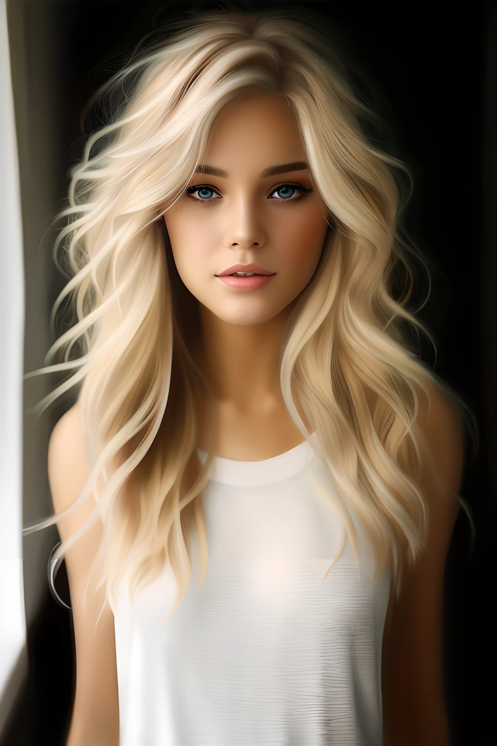 a close up of a woman with long blonde hair and a white tank top, beautiful blonde girl, gorgeous digital painting, realistic digital painting, stunning digital painting, very realistic digital art, beautiful digital painting, realistic digital art, ultra realistic digital painting, realistic digital art 4k, realistic digital art 4 k, photorealistic digital painting, airbrush digital oil painting