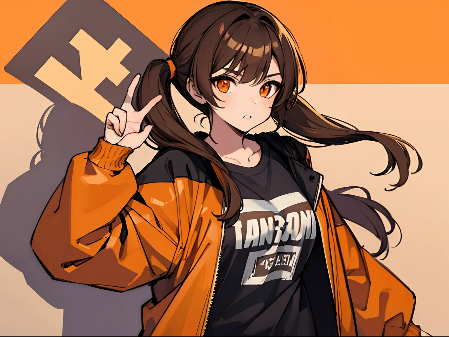 Women with Brown Hair, Pigtails hairstyle, Wearing a Generic jacket over a tshirt, Orange eyes, Beautiful, high res, 8k, 1 Girl only