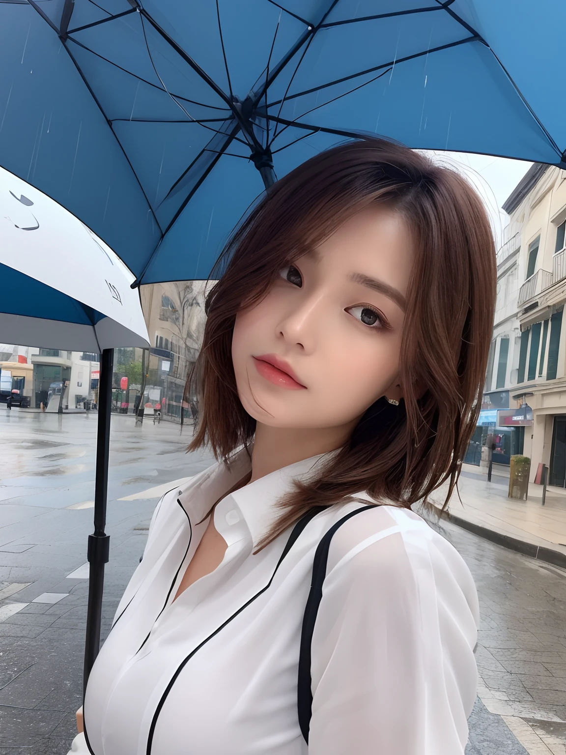 ((Best Quality, 8K, Masterpiece: 1.3)), Sharp: 1.2, Perfect Body Beauty: 1.4, Slim Abs: 1.2, ((Layered Hairstyle, Big Breasts: 1.2)), (Wet White Button Long Shirt: 1.1), (Rain, Street: 1.2), Wet: 1.5, Highly detailed face and skin texture, detailed eyes, double eyelids, side face looking at the camera